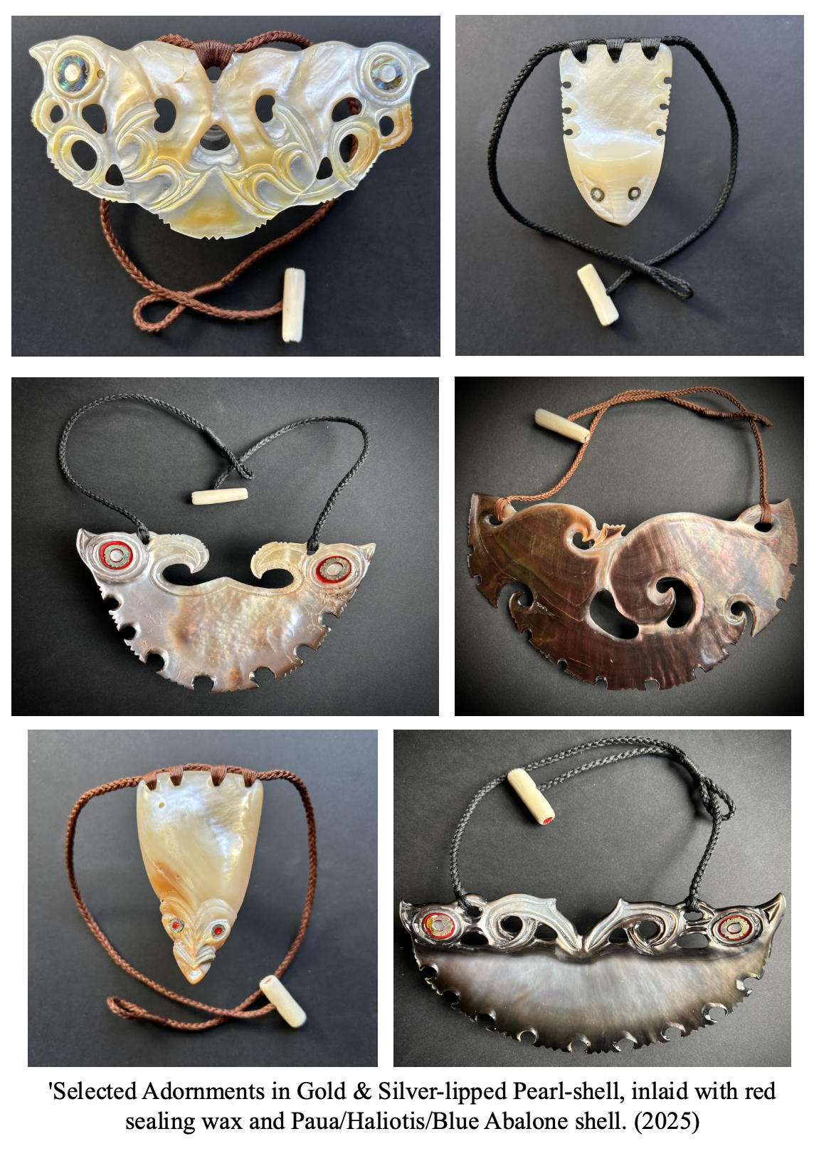 Collection of six jewelry adornments made from pearl shells, inlaid with red sealing wax, featuring Paua, Haliotis, and Blue Abalone shells, with intricate carved designs and cords for wearing.