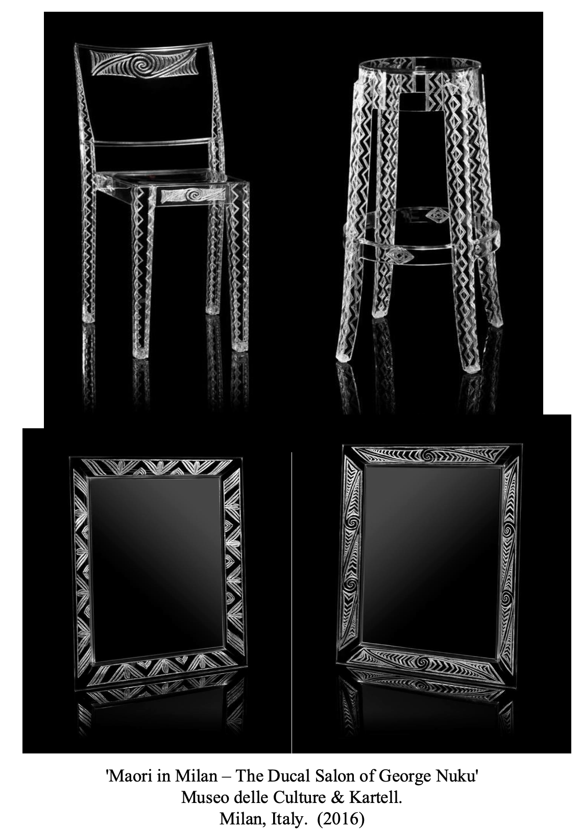 Black and white photographs of Maori artifacts including two carved wooden chairs, a tall carved wooden stool, and two decorated mirrors, titled 'Maori in Milan – The Ducal Salon of George Nuku' from Museo delle Culture & Kartell, Milan, Italy, 2016.