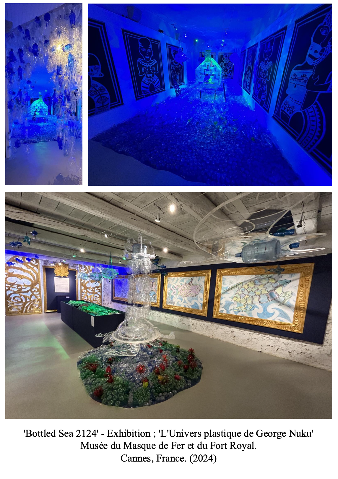 Images of art installations from the exhibition 'Bottled Sea 2124' by George Nuku, taking place at the Musée du Masque de Fer et du Fort Royal in Cannes, France, 2024. The first image shows a blue-lit underwater-themed sculpture with art on the walls, and the second shows a room with glass sculptures and framed artwork.