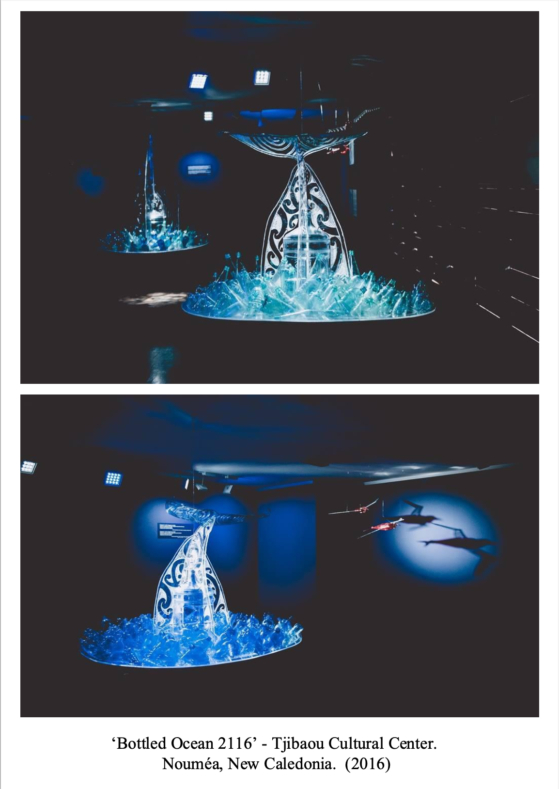 Art installation titled 'Bottled Ocean 2116' at Tjibaou Cultural Center in Nouméa, New Caledonia, 2016, featuring a glass sculpture resembling an ocean scene with an ornate, swirling design, illuminated with blue lighting.