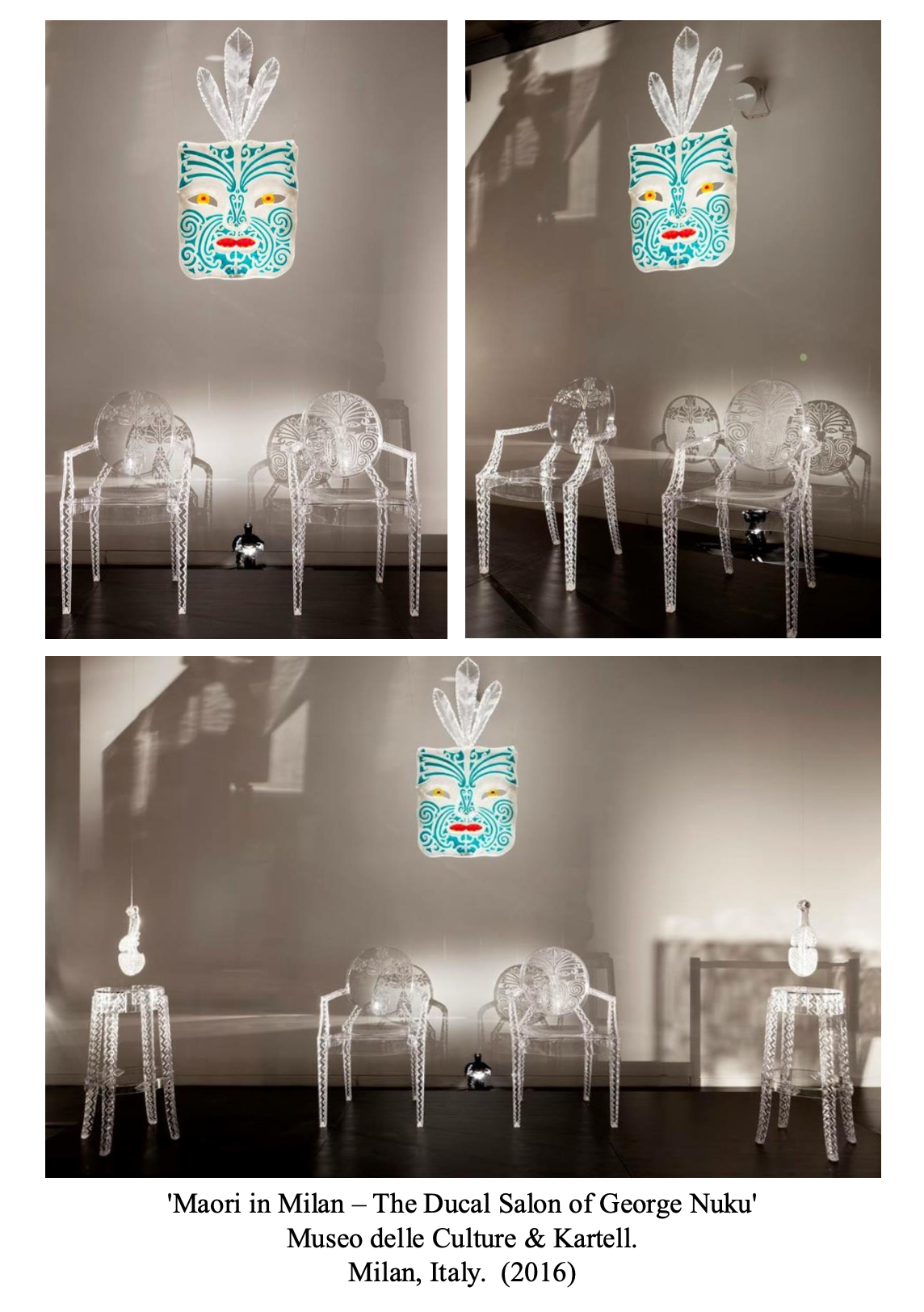 Art display titled 'Maori in Milan – The Ducal Salon of George Nuku' at Museo delle Culture & Kartell in Milan, Italy, 2016. It features a Maori-inspired face mask with feather and face motifs, illuminated transparent chairs, and light fixtures with shadow effects on the wall.