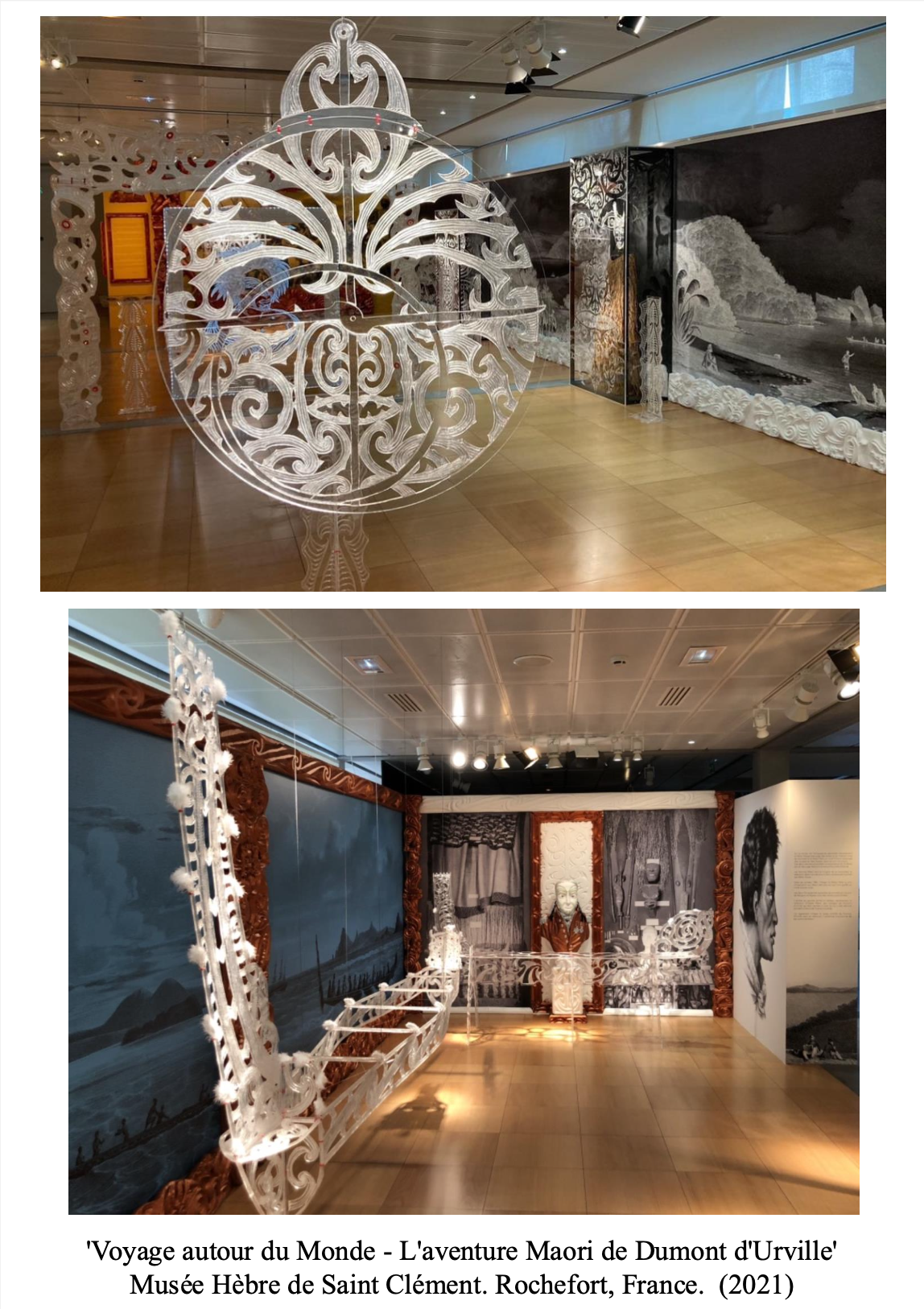 Exhibition display titled 'Voyage autour du Monde - L'aventure Maori de Dumont d'Urville' at Musée Hebre de Saint Clément, Rochefort, France, 2021, featuring Maori-inspired art and historical photography.