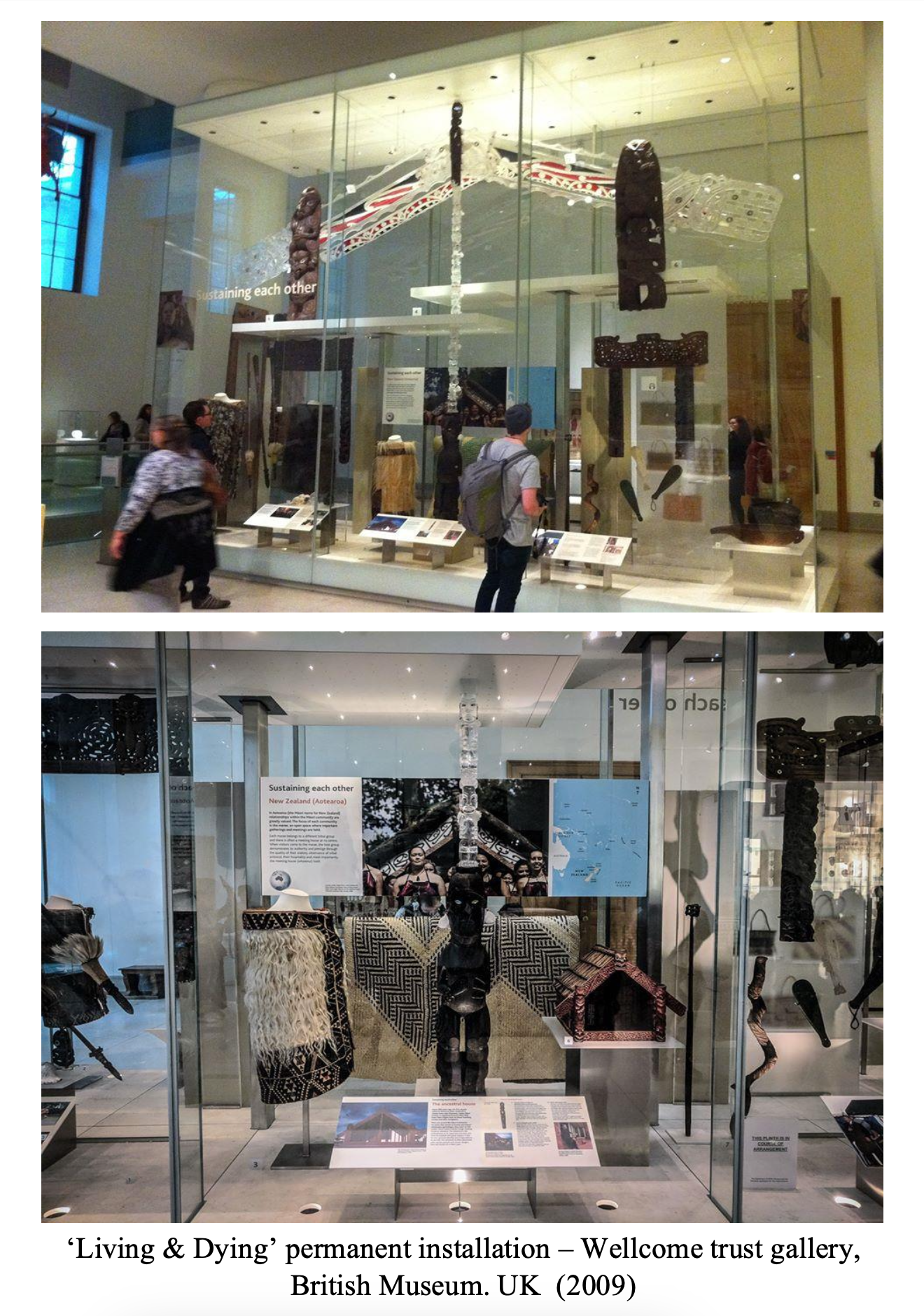Two glass display cases with indigenous artifacts and sculptures. Visitors viewing the exhibits at the British Museum, UK, in 2009. The arrangement highlighted the theme of 'Living & Dying' and includes informational placards.