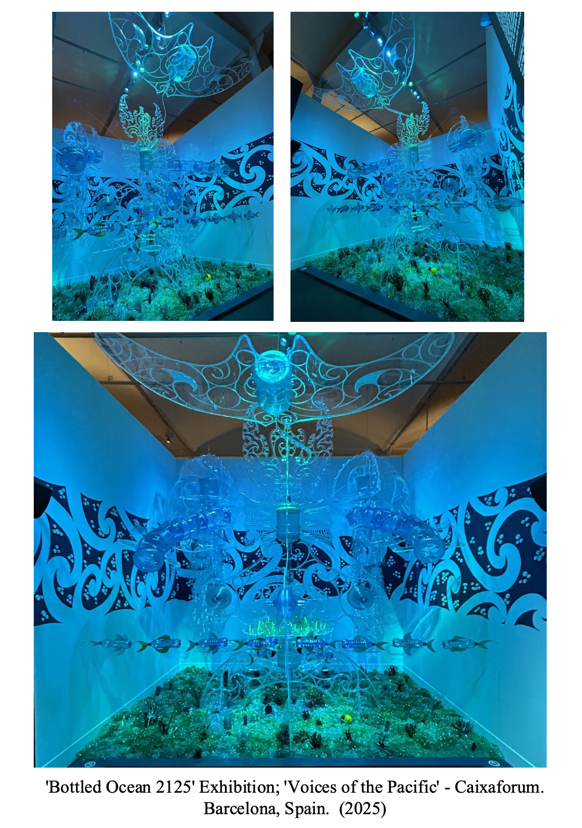 An installation titled 'Bottled Ocean 2125' at the 'Voices of the Pacific' exhibition in Caixaforum, Barcelona, Spain, 2025. The artwork features a large, glowing, blue, sculptural representation of an ocean environment with intricate, illuminated, organic shapes and figures resembling sea creatures, set against a backdrop of decorative, swirling patterns.