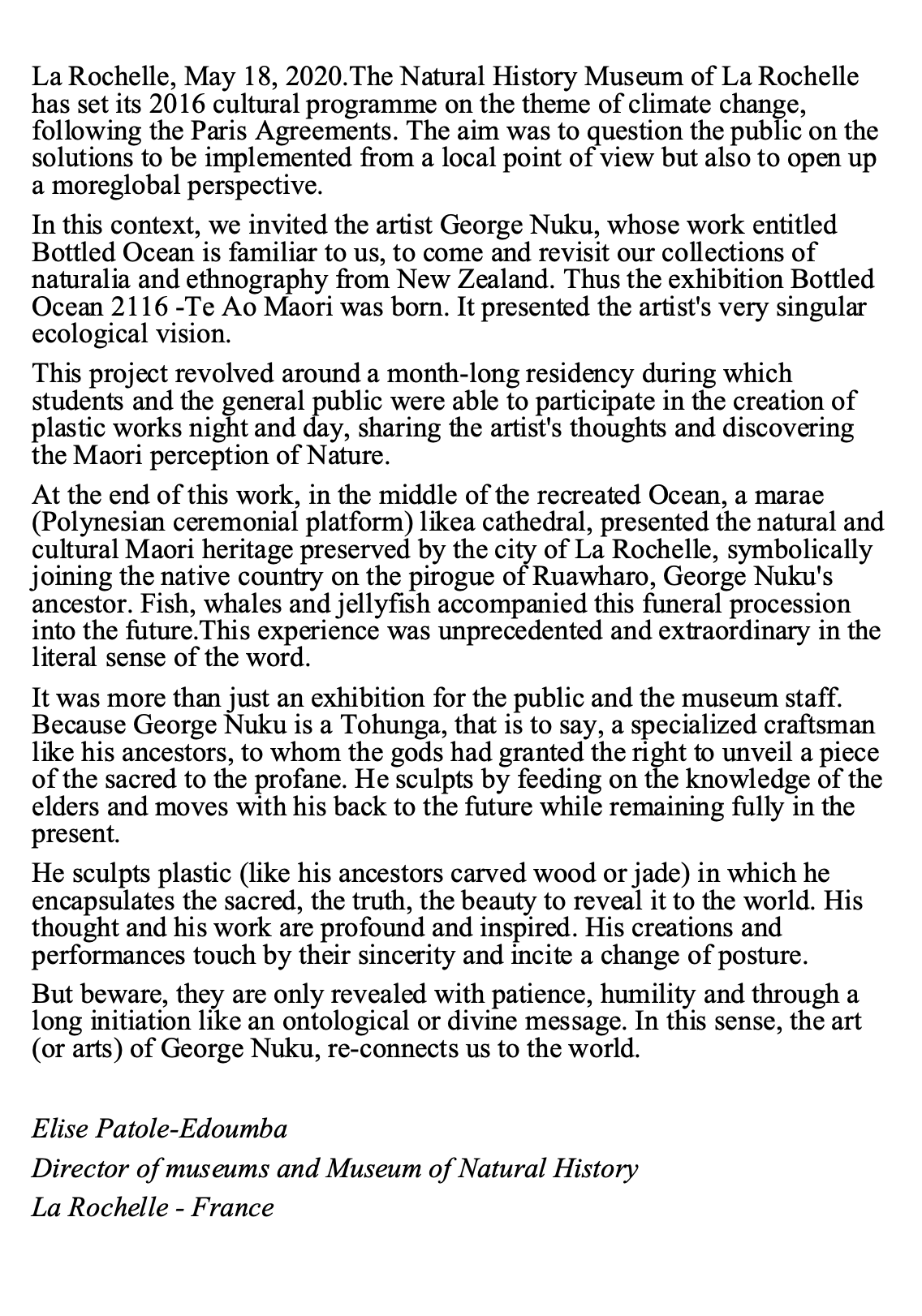Text document about an art exhibition at the Natural History Museum of La Rochelle, France, featuring works by artist George Nuku inspired by Polynesian cultural heritage and ecological themes, including a mention of a Polynesian ceremonial platform, a funeral procession with fish, whales, and jellyfish, and the artist's background and craft philosophy.