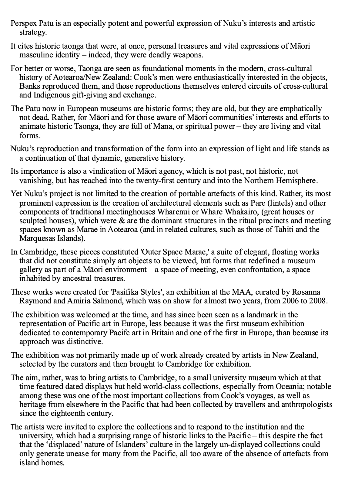 Page of text discussing Maori art, cultural history, and exhibitions at the Museum of Archaeology and Anthropology in Cambridge.
