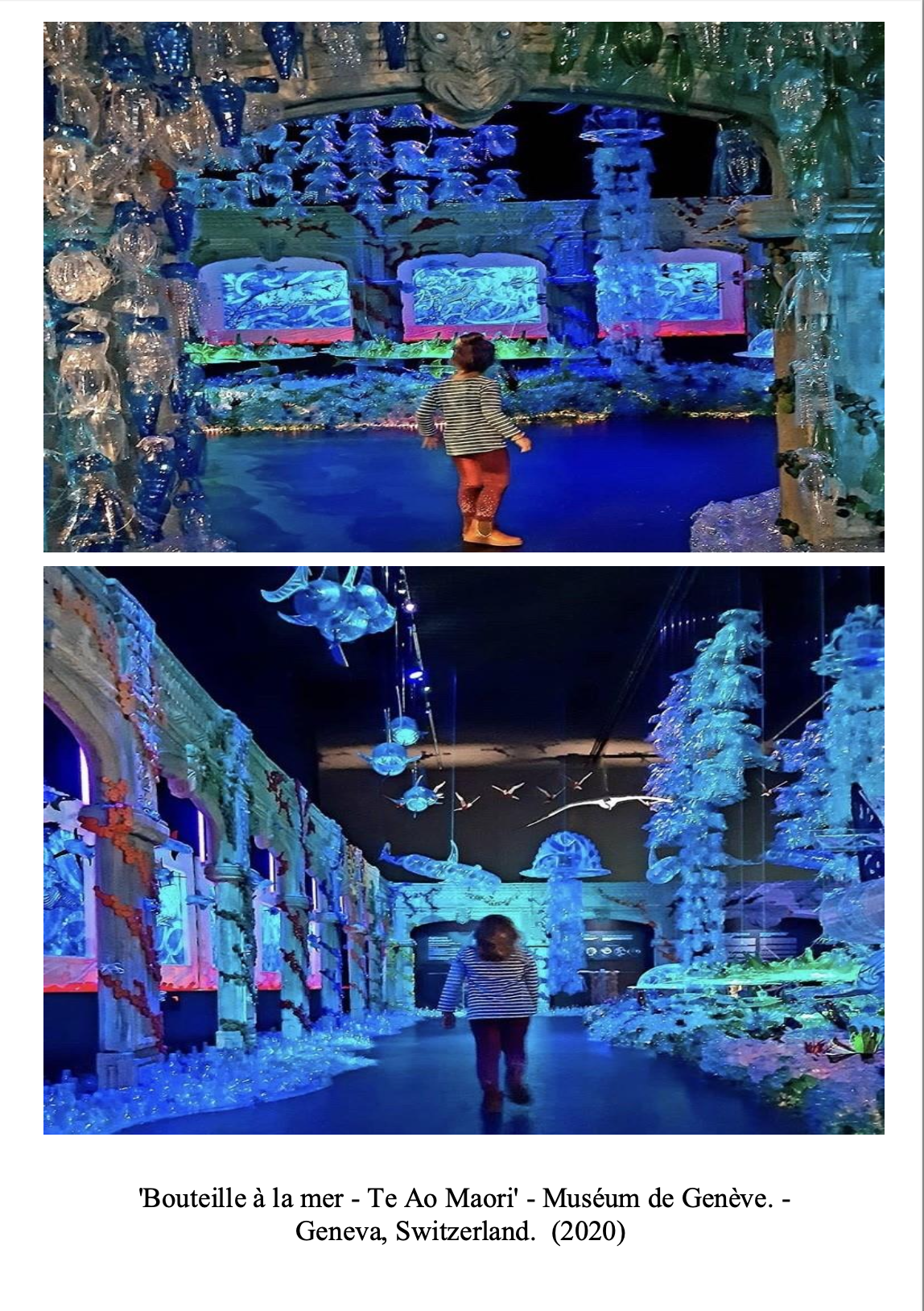 Two photos of an immersive art installation at the Museum of Geneva, Switzerland, titled 'Bouteille à la mer - Te Ao Maori,' featuring ocean-themed sculptures and decorations in blue, with a person walking through.