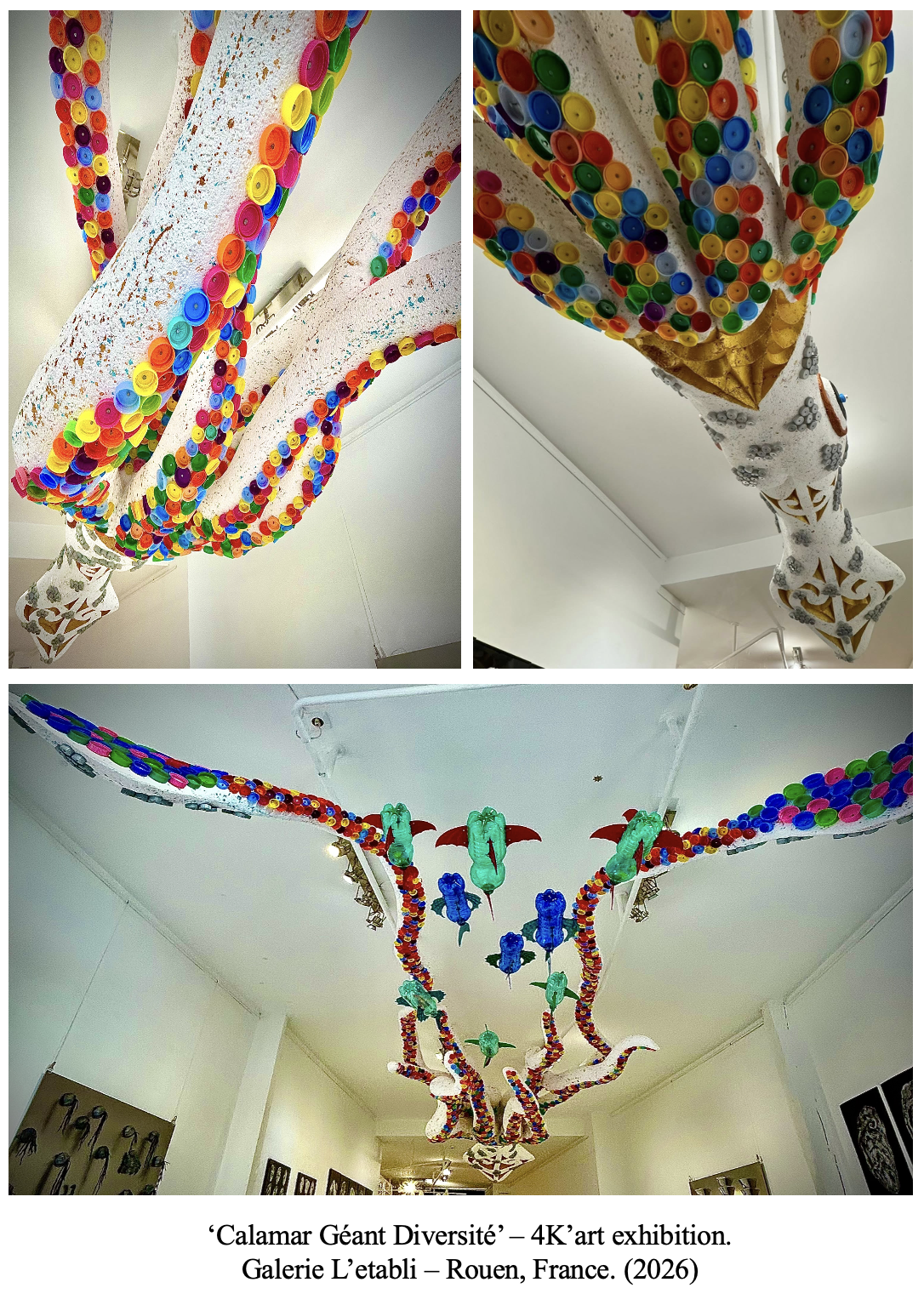 Installation art titled 'Calamar Géant Diversité' featuring a large, colorful squid sculpture made from plastic bottle caps, with detailed tentacles and hanging elements, displayed in Galerie L'etabli, Rouen, France, 2026.