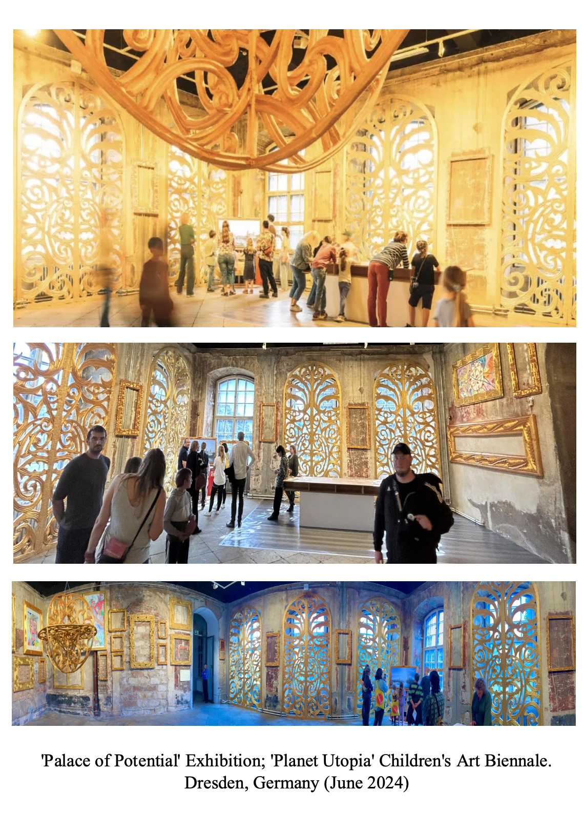Interior view of the 'Palace of Potential' exhibition at the 'Planet Utopia' Children's Art Biennale in Dresden, Germany, June 2024, featuring ornate, decorative golden panels and artwork, with multiple visitors including children and adults exploring and observing the displayed art.