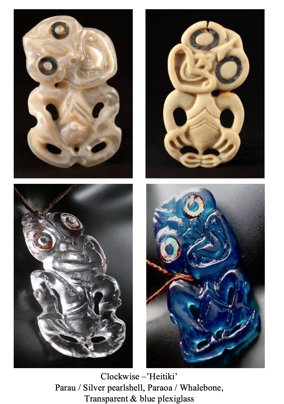 Collection of four carved pendants depicting a whale, made from pearl, bone, and blue plexiglass, with a common clockwise heitiki design.