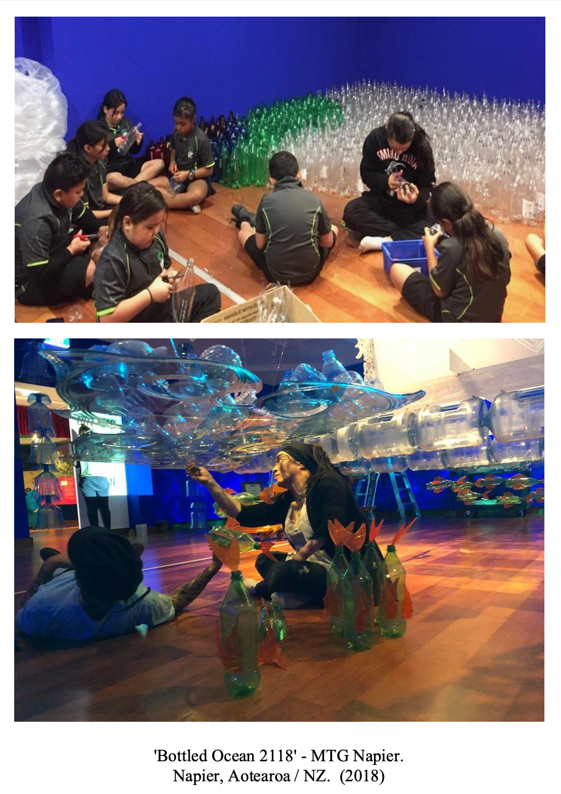 Two photos from the 'Bottled Ocean 2118' exhibit at MTG Napier in Napier, New Zealand, 2018. The first photo shows children sitting on the floor, assembling bottles with aquatic scenes, arranged behind a shoreline made of plastic bottles. The second photo depicts a woman and a child lying on the floor under an installation of hanging plastic bottles and bottles arranged around them, engaging with the exhibit.
