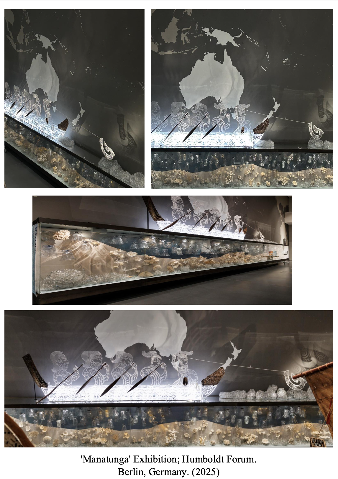 Exhibition display at Humboldt Forum in Berlin, Germany, featuring objects and artworks related to Manatunga, with illustrations of elephants and other decorative elements on the wall.