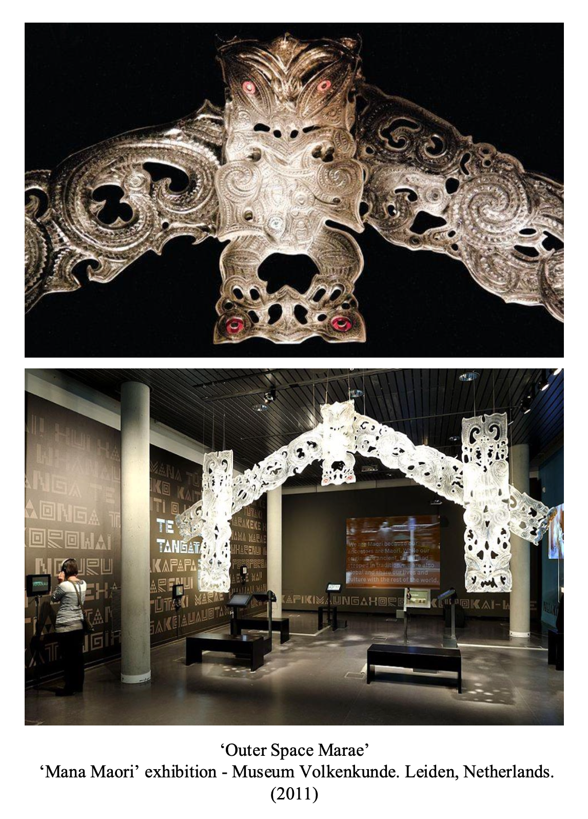 Photo of an intricate Maori carving displayed as part of an exhibition at Museum Volkenkunde in Leiden, Netherlands, 2011. The carving is large, hanging, and illuminated, showcasing traditional Maori artistry.