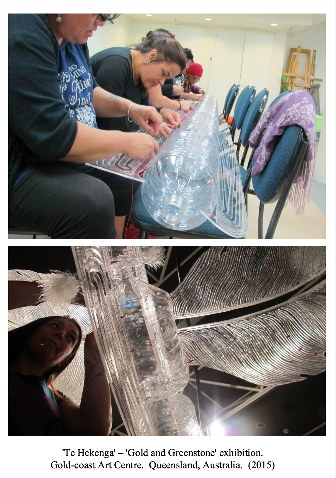 People participating in an art exhibit creating sculptures from recycled plastic bottles at the Gold Coast Art Centre, Queensland, Australia in 2015.