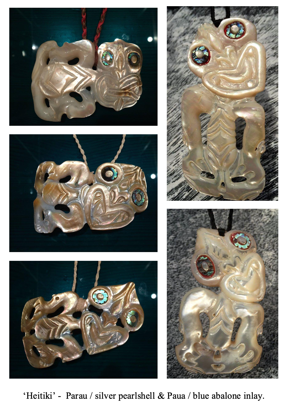 Images of carved pendants made from silver pearl shell and blue abalone inlay, resembling abstract faces.