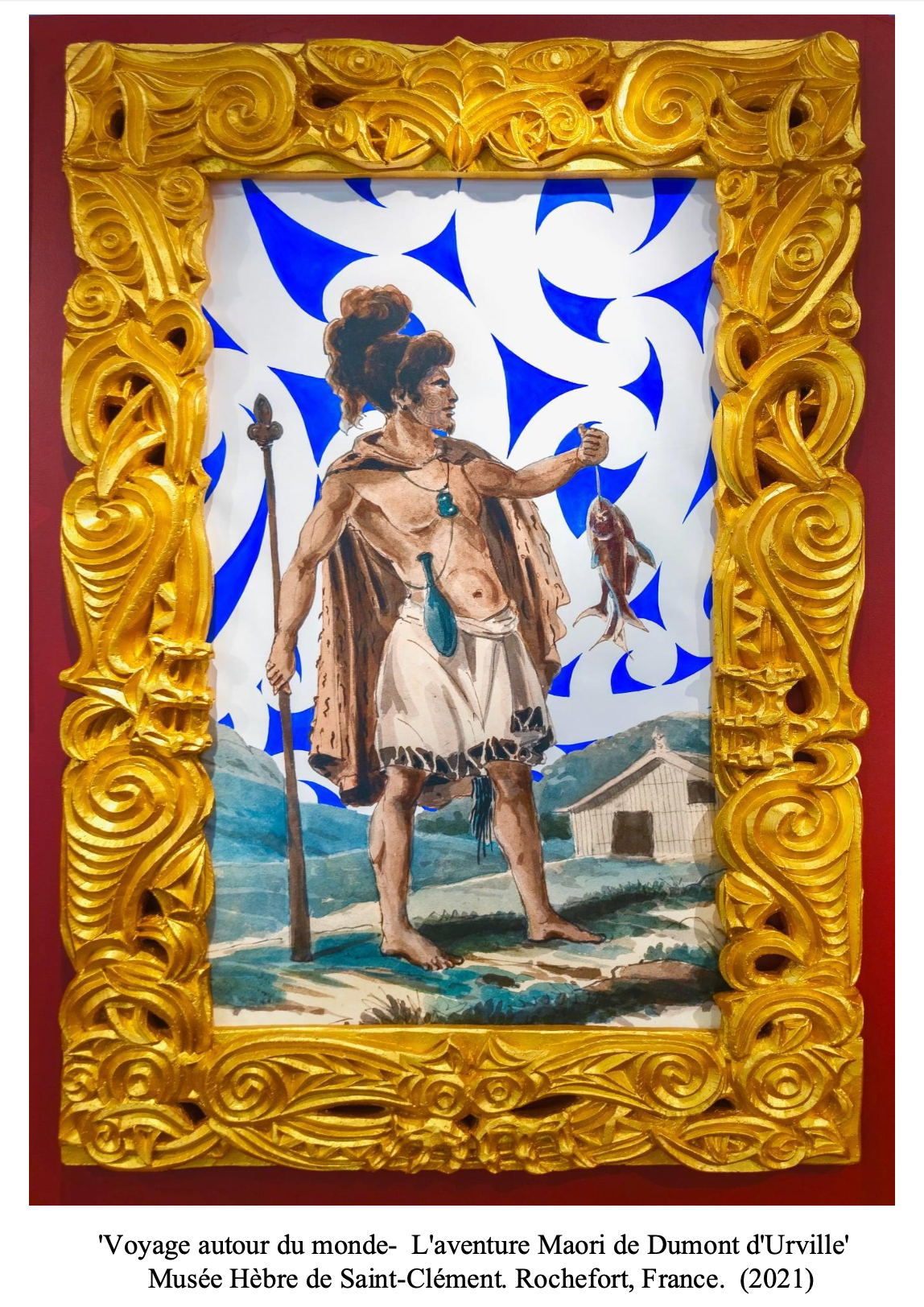 Painting of a Māori man holding a fish, with a spear and traditional clothing, standing outdoors with a farm building in the background, surrounded by a decorative gold frame.