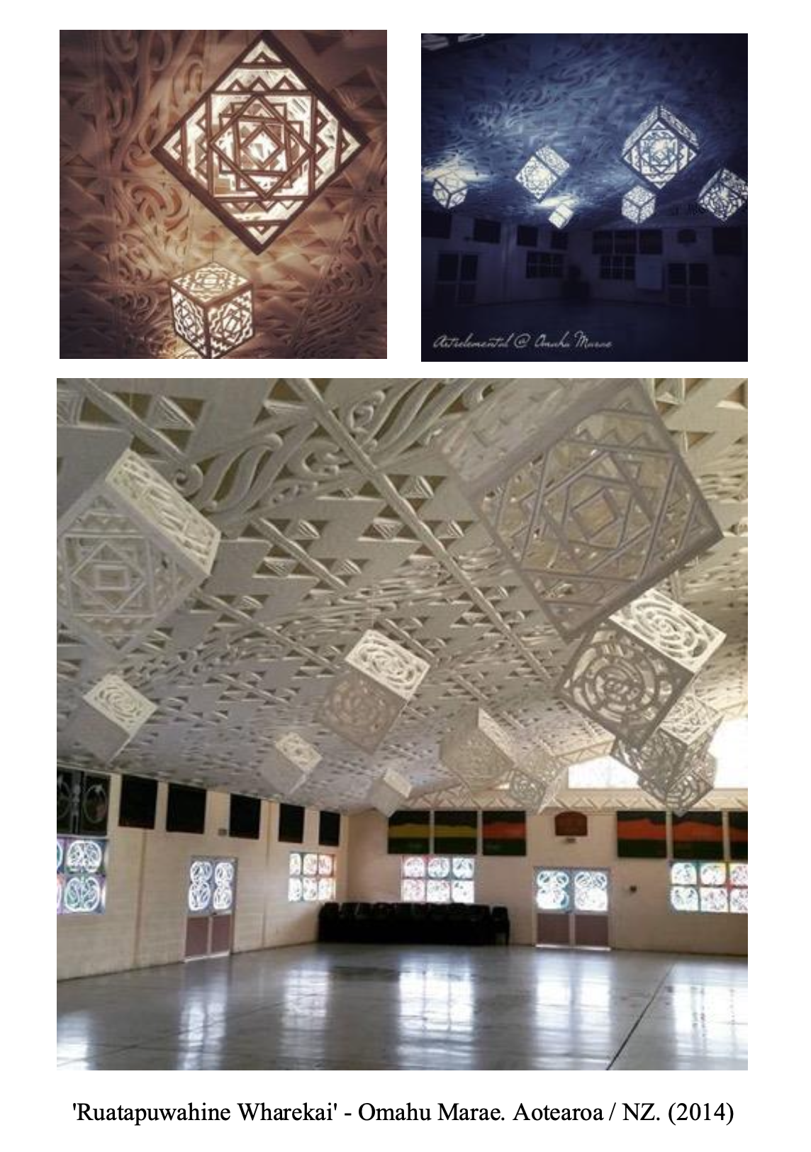 Interior of Ruatapuwhine Wharekai, a Marae in Omahu Marae, New Zealand, featuring intricate wooden pendant lights with geometric patterns on the ceiling and circular windows with decorative grills.