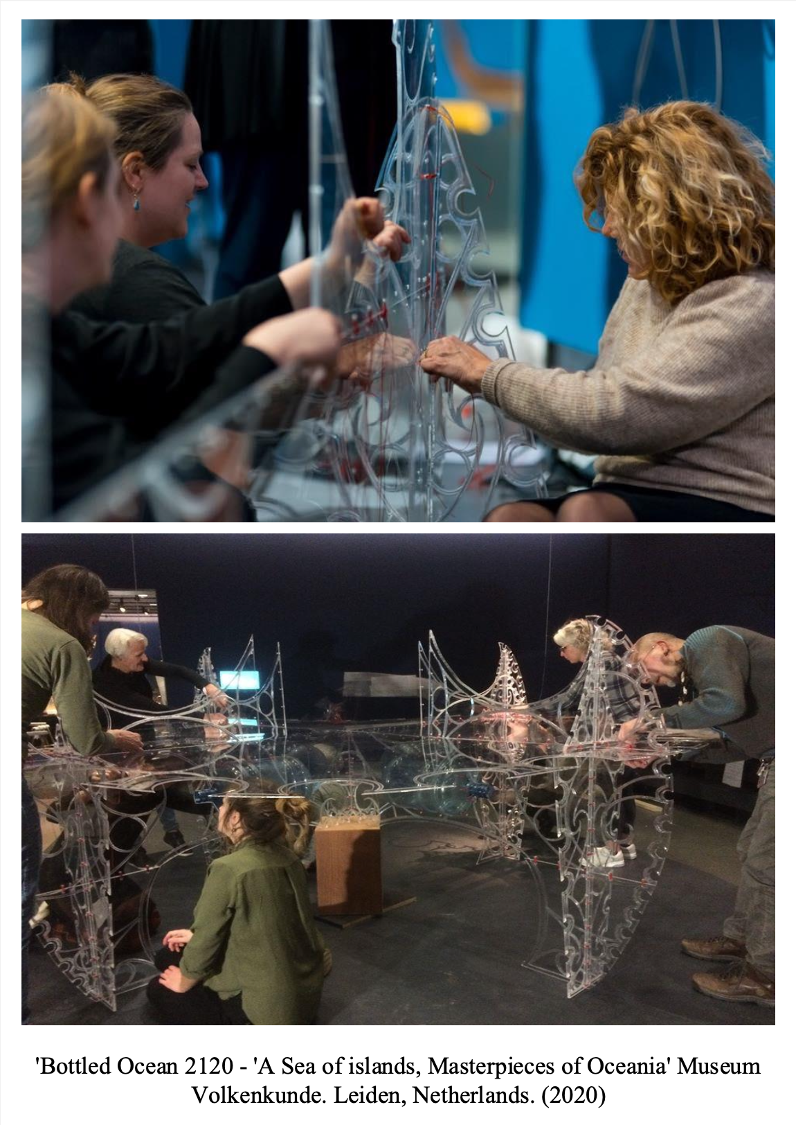 People assembling a glass art installation titled 'Bottled Ocean 2120 - A Sea of Islands' at the Masterpieces of Oceania Museum in Leiden, Netherlands, 2020.