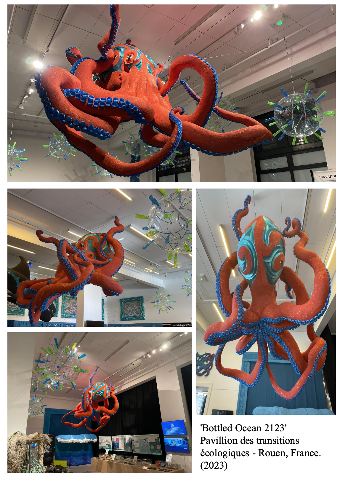 Colorful sculpture of an octopus with swirling tentacles, displayed indoors with art and science-themed decorations, titled 'Bottled Ocean 2123' at the Pavillon des transitions écologiques in Rouen, France, 2023.