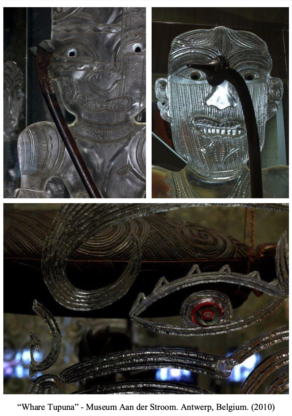 Glass artworks from the Whare Tupuna exhibit, featuring carved faces and intricate designs, displayed at Museum Aan de Stroom in Antwerp, Belgium, 2010.