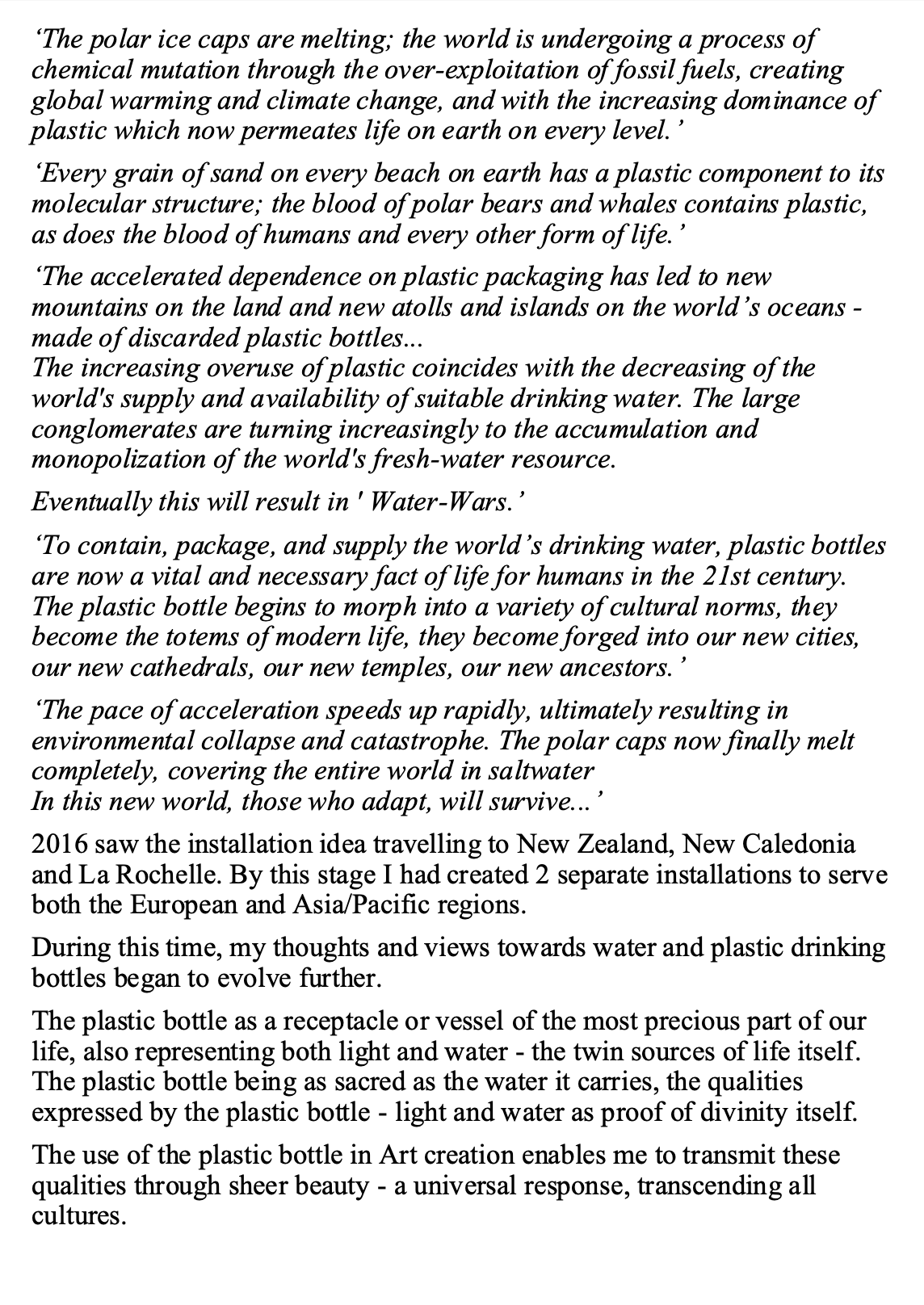 A page of text discussing environmental issues related to plastic bottles, water, and climate change. It mentions melting polar ice caps, plastic pollution, and future water crises.