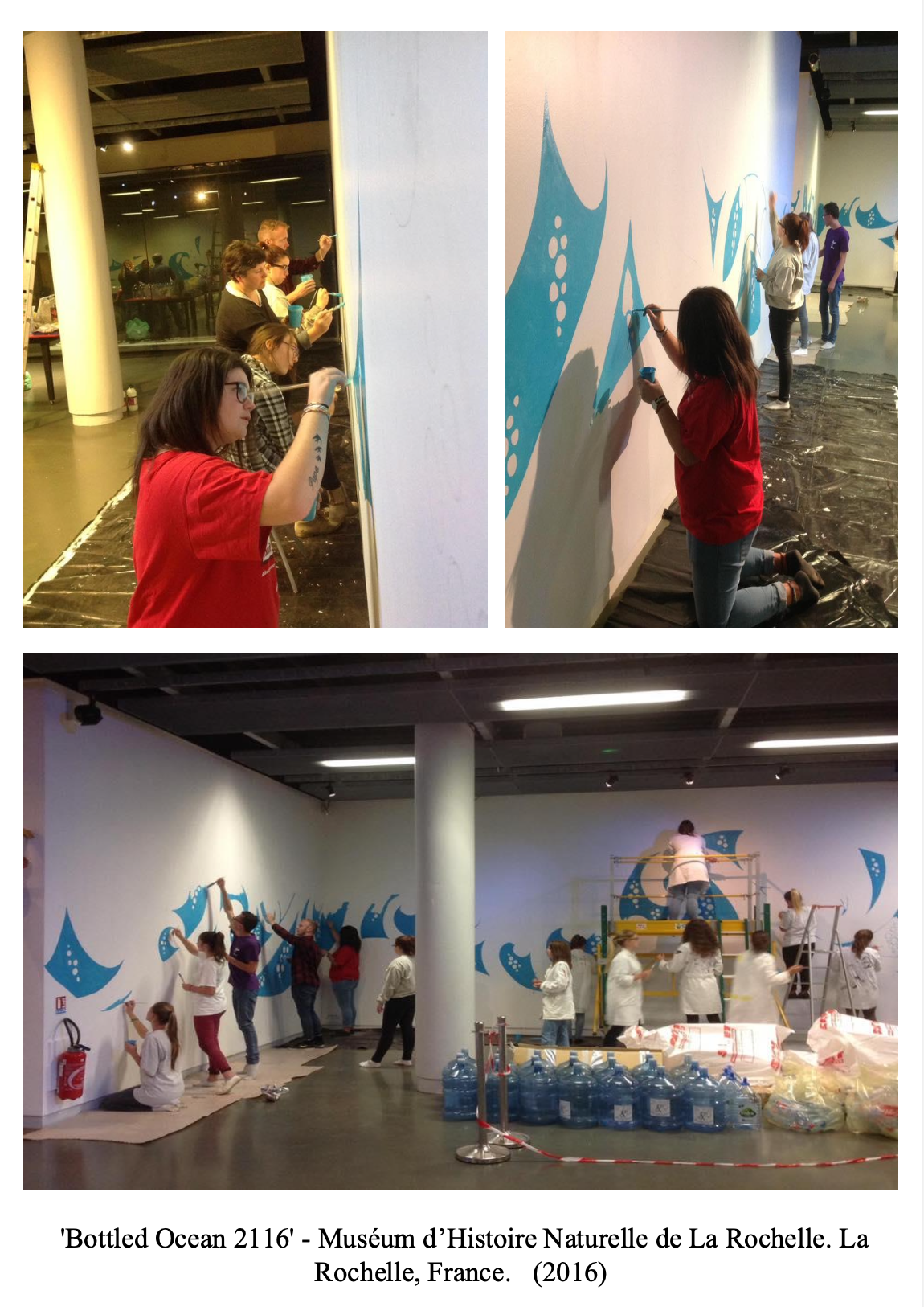 People painting and installing blue ocean-themed murals on white walls inside the Musée d’Histoire Naturelle de La Rochelle, France, in 2016.