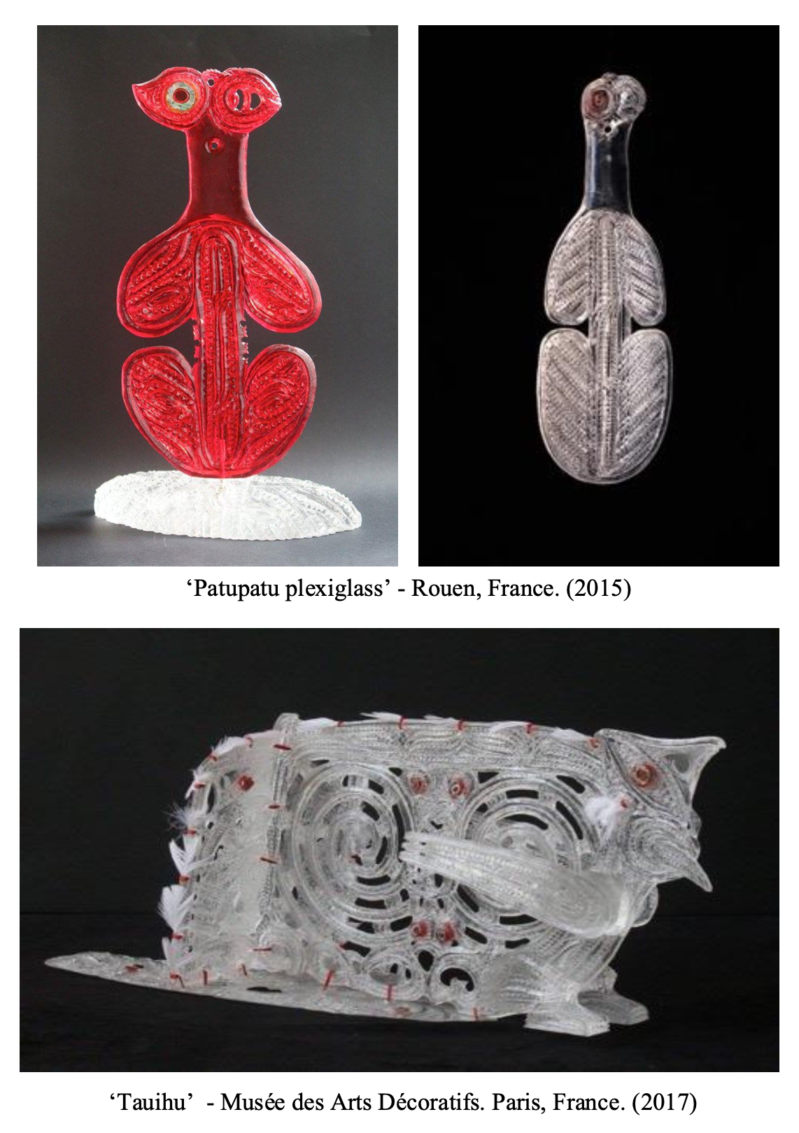 Three glass art sculptures: a red and white frog-shaped sculpture, a clear frog-shaped sculpture, and a clear animal figure resembling a rat or mouse, displayed against a dark background.