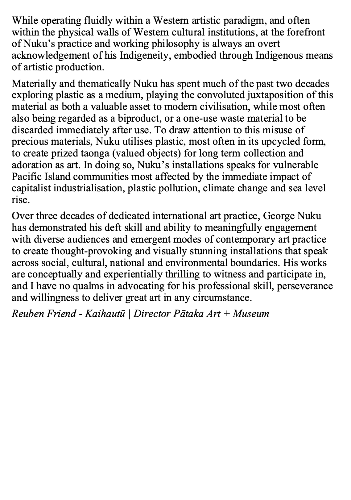 A block of text discussing Indigenous art practices, specifically those of George Nuku, including his use of plastic materials and environmental themes, with a signature noting his name, affiliation, and a quote.
