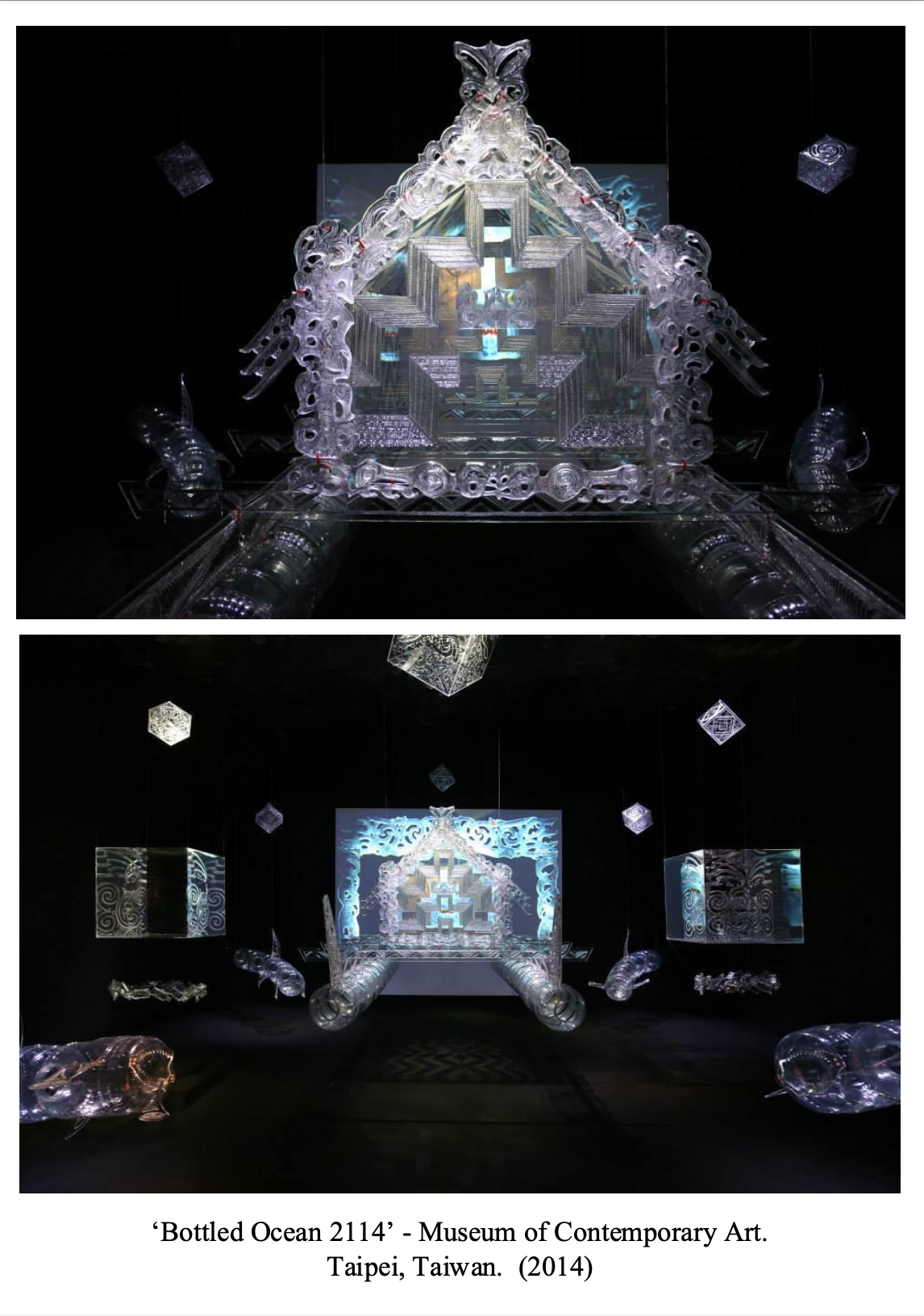 Installation artwork titled 'Bottled Ocean 2114' at the Museum of Contemporary Art in Taipei, Taiwan, created in 2014. The art features transparent, glowing sculptures and geometric mirrors.