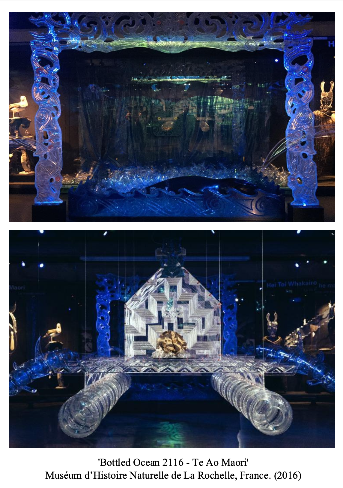 Two illuminated glass art installations titled 'Bottled Ocean 2116 - Te Ao Māori' at the Muséum d’Histoire Naturelle de La Rochelle, France, from 2016. The top piece resembles a bubble or underwater scene with intricate glasswork and blue lighting. The bottom piece features geometric and natural shapes with structured glass elements, including a central metallic or stone sculpture.
