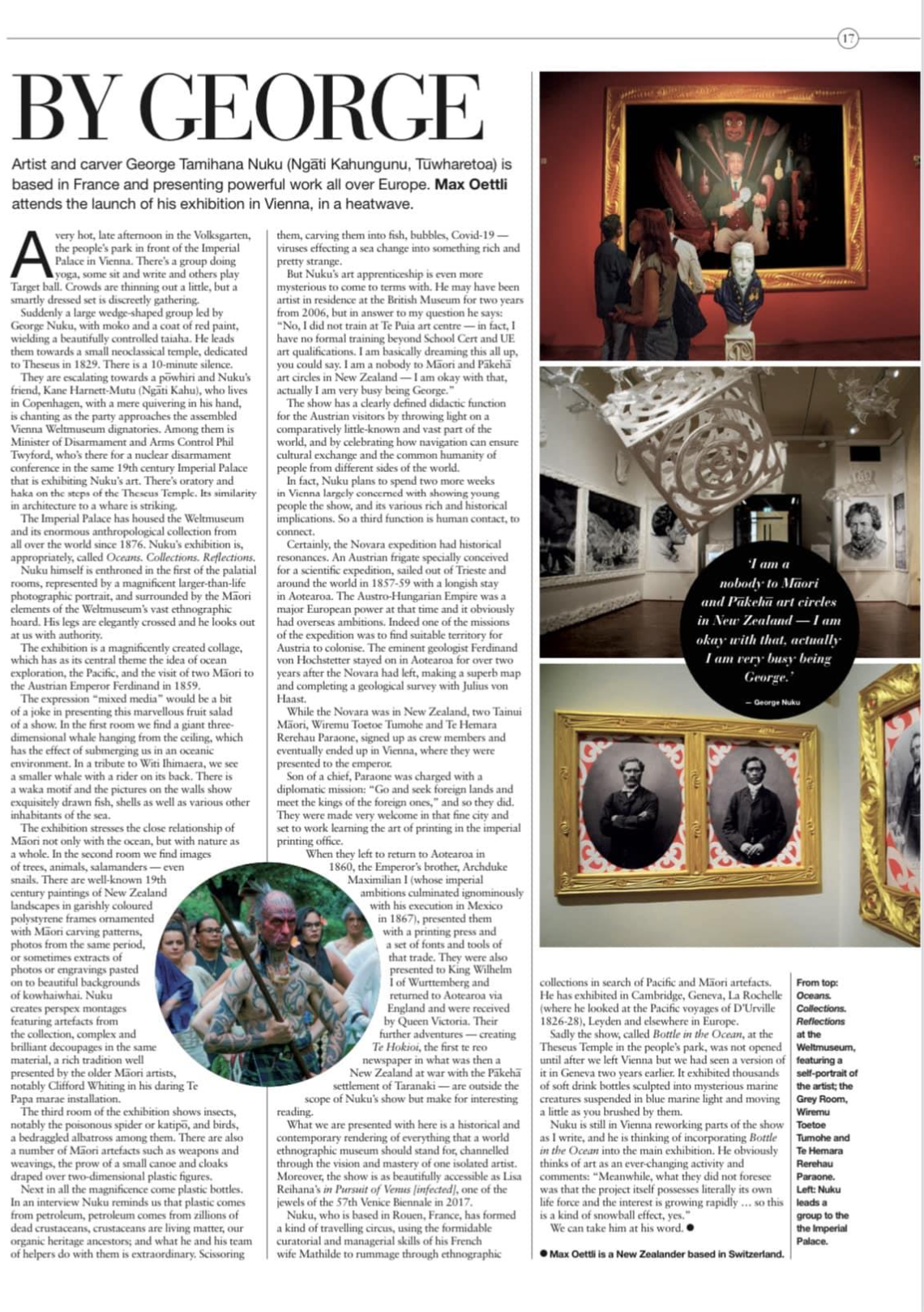 A magazine page featuring an article about artist George Tamihana Nuku, with multiple images including a colorful, framed art piece, a black and white historical photograph, and a group portrait of people in Maori ceremonial costumes and face paint.