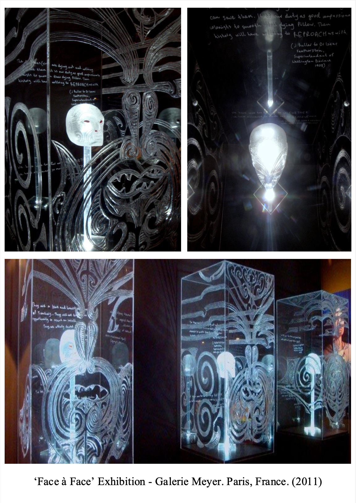 Photographs of illuminated glass sculptures with engraved faces and intricate swirling patterns, part of the 'Face à Face' exhibition at Galerie Meyer in Paris, France, 2011.