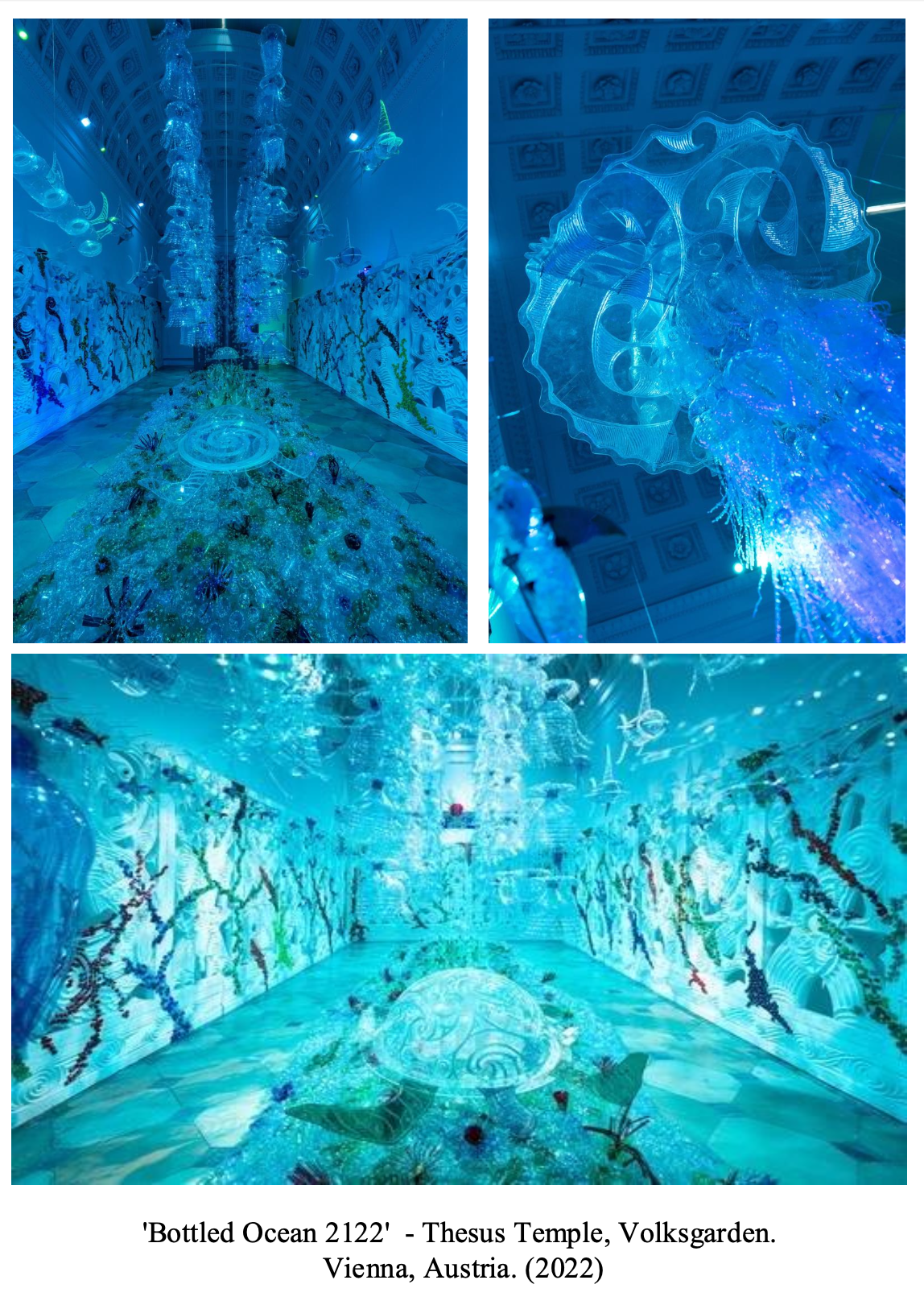Three images depict an art installation titled 'Bottled Ocean 2122' at Thesus Temple, Volksgarden, Vienna, Austria, 2022. The installation features illuminated jellyfish sculptures and ocean-themed murals creating an underwater scene in blue hues.