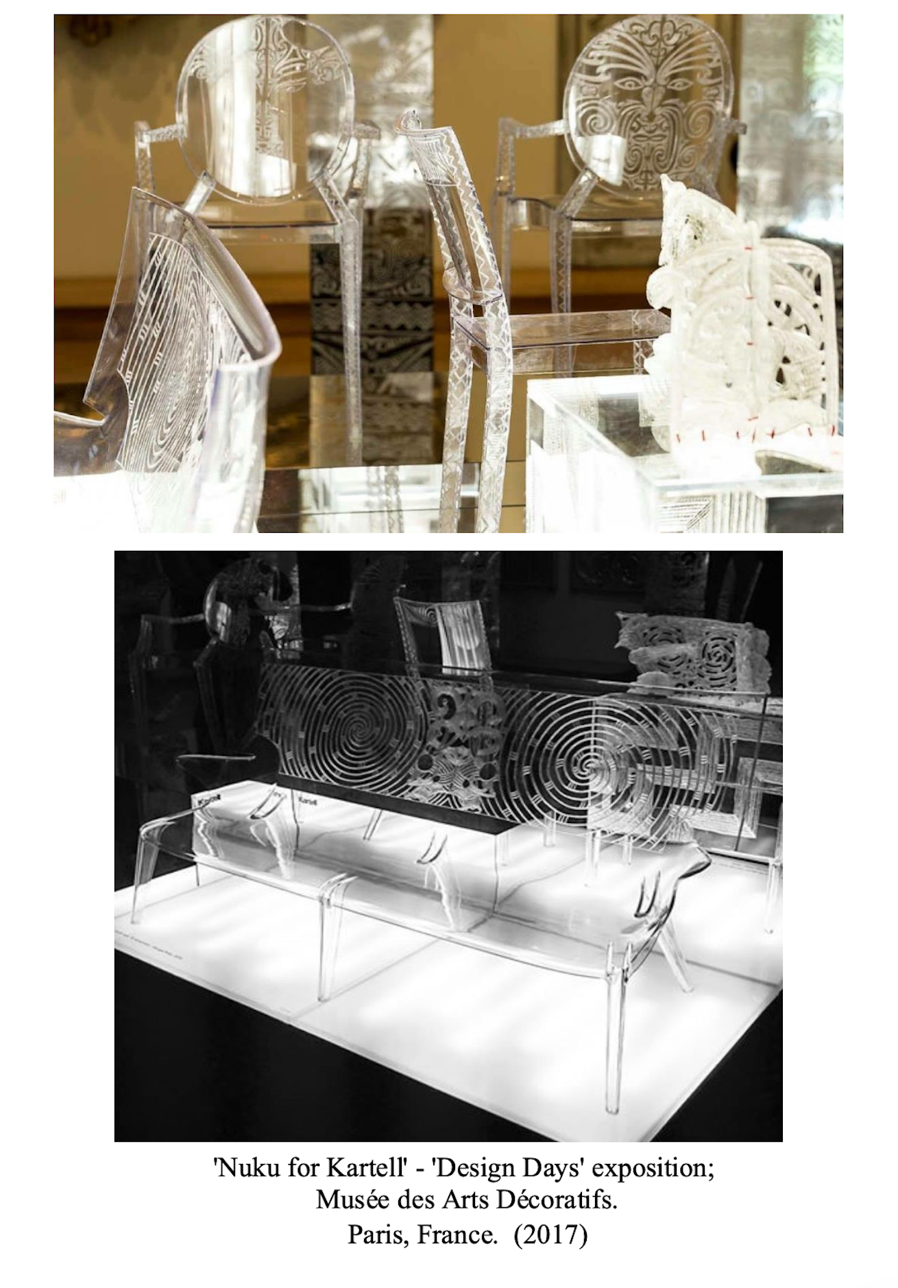 Two photographs of transparent, intricately designed chairs and furniture pieces. The top photo is in color, showing three chairs with elaborate carved patterns, and some partially visible objects. The bottom photo is in black and white, displaying a modern, artistic transparent bench with a tall, decorative backrest featuring spiral and geometric designs. The images are part of an exhibition called 'Nuku for Kartell' at the Musée des Arts Décoratifs in Paris, France, from 2017.