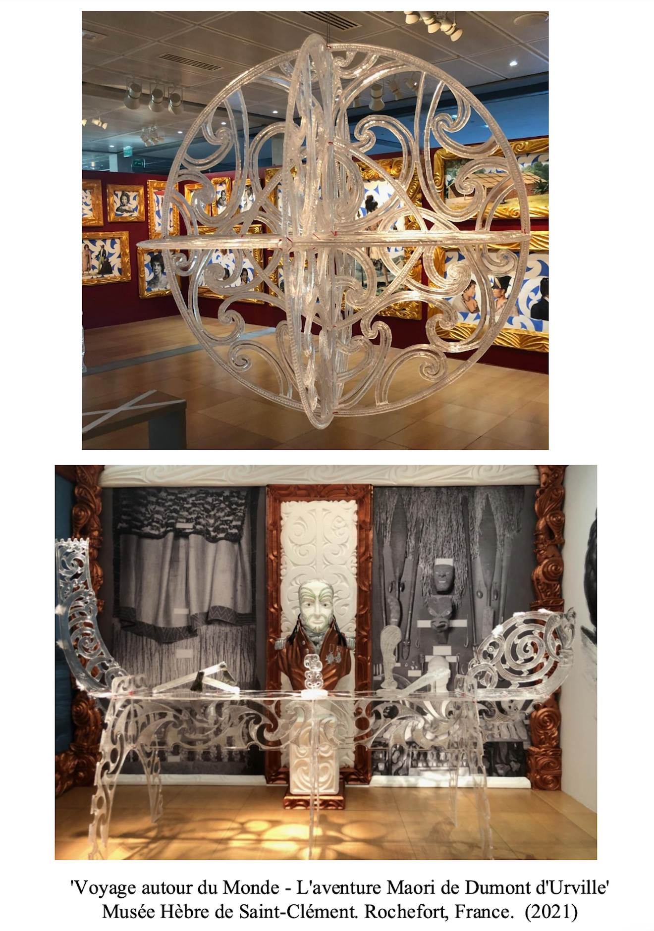 Two artistic sculptures made of clear, intricately designed material, displayed in a museum. The background features framed photographs and artwork with cultural themes, indicating an exhibit at the Musée Hébre de Saint-Clément in Rochefort, France.
