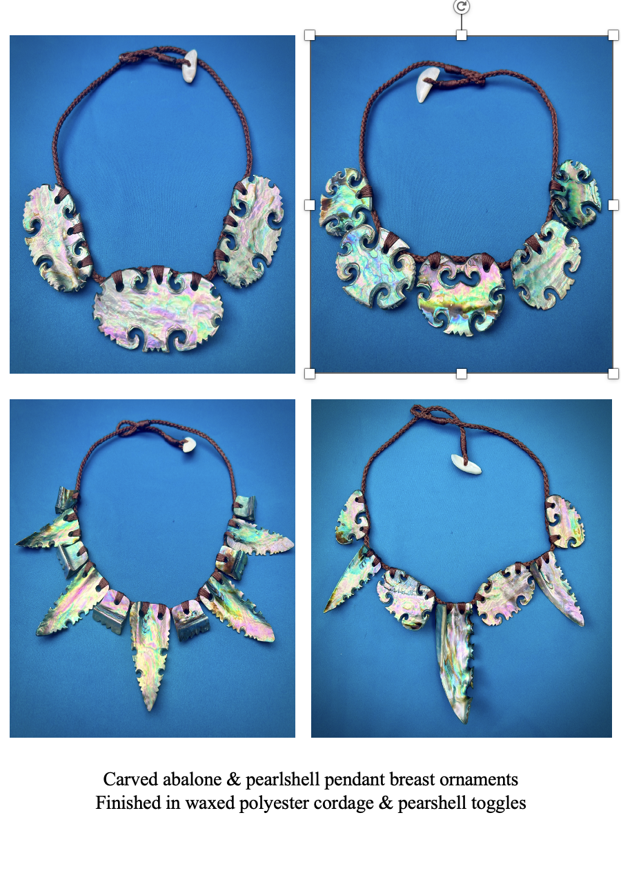 Four necklaces made of carved abalone and pearleshell pendants, finished with waxed polyester cordage and pearleshell toggles, each with intricate carved and shaped shell ornaments against a blue background.