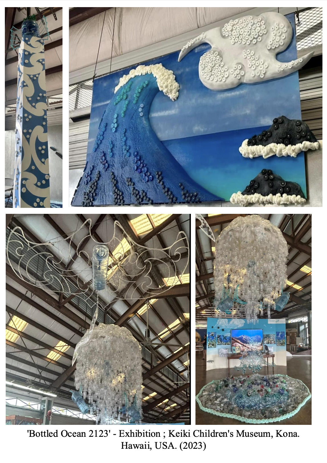 Mixed media art exhibit titled 'Bottled Ocean 2123' at Keiki Children's Museum in Kona, Hawaii, 2023. The display includes a large wave made of bottles, cloud sculptures, chandeliers made of bottles and plastic, and ocean-themed artwork.