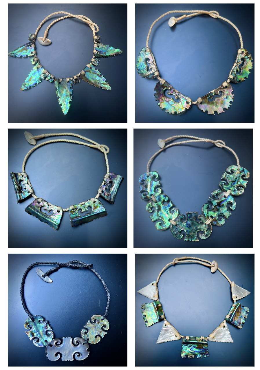 Collage of six necklaces made from abalone shell, featuring various shapes such as leaves, fan-like, and abstract designs, all strung on rope or cord, with each piece showcasing iridescent, colorful shell patterns.
