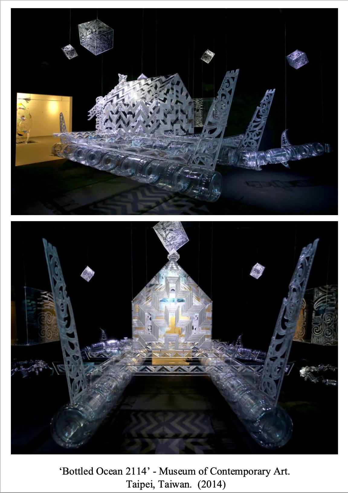 Two photos of an art installation called 'Bottled Ocean 2114' at the Museum of Contemporary Art in Taipei, Taiwan, created in 2014. The sculpture is made from transparent bottles arranged to resemble a vessel or boat, with intricate decorative elements and suspended cube-shaped objects above.