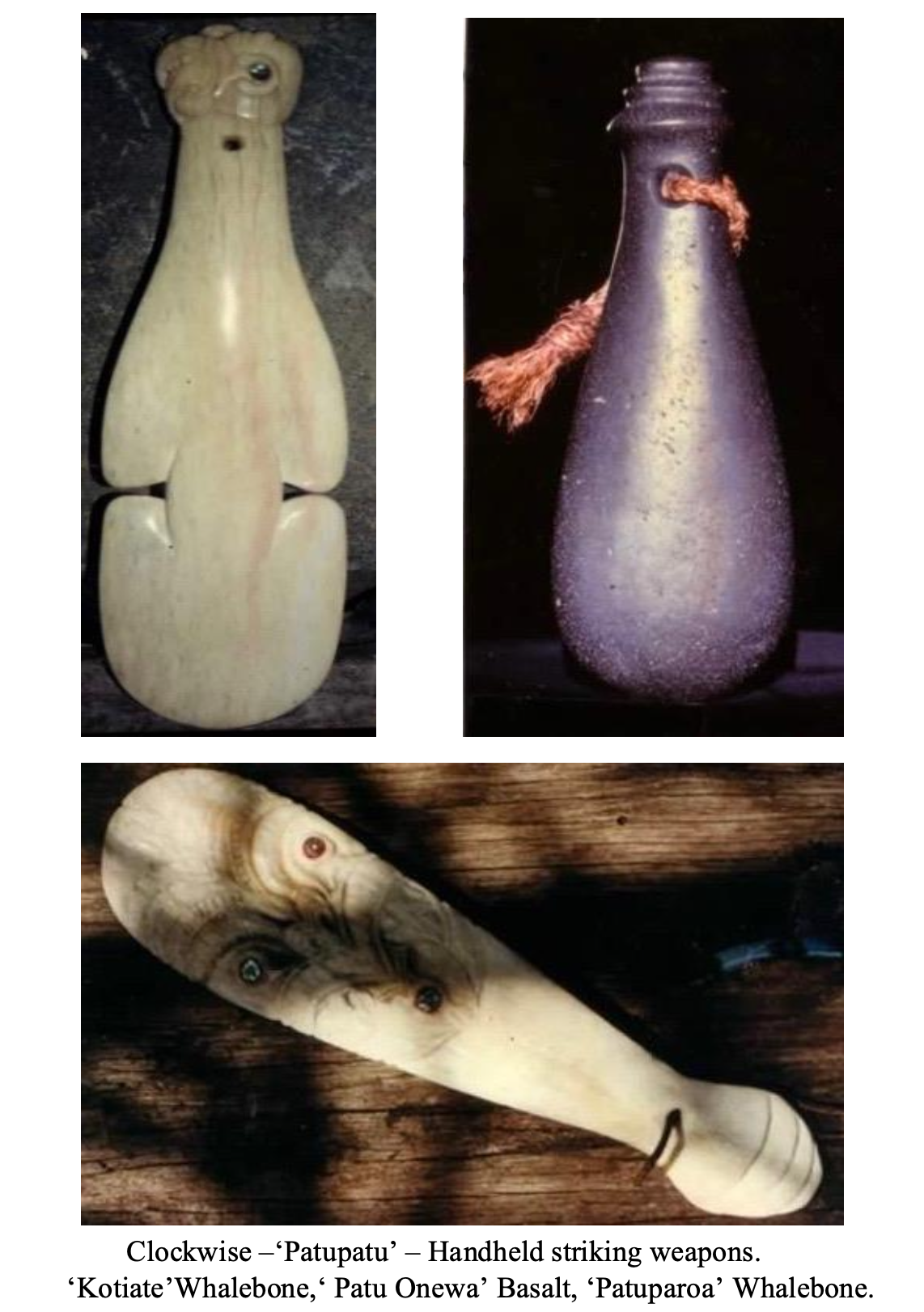 Three handheld striking weapons: a carved wooden weapon resembling a frog, a purple glass bottle with a tied rope around its neck, and a whale bone carved with faces, all from indigenous cultures.