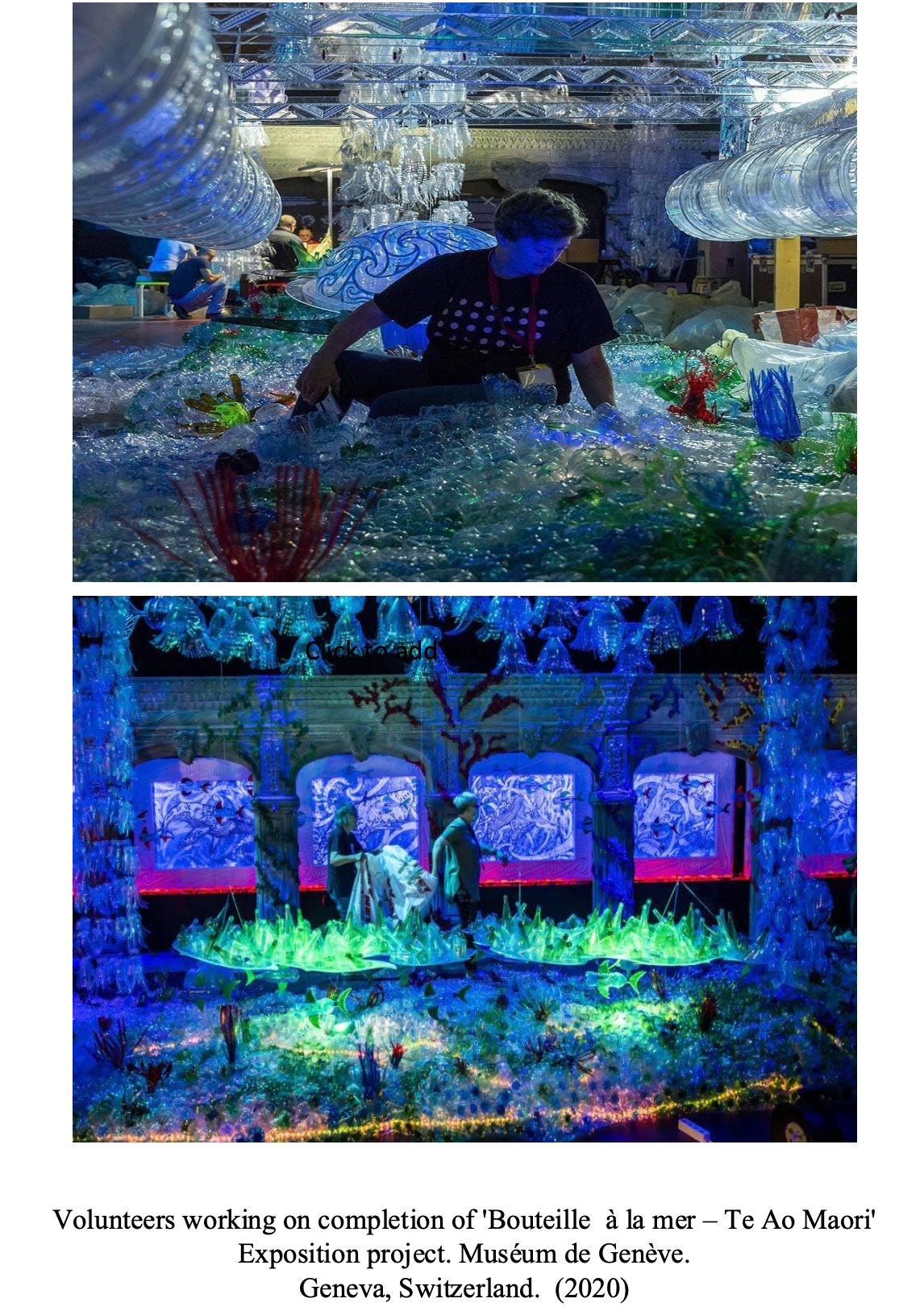 Volunteers working on the completion of a colorful, illuminated art installation at the Musée de Genève, Switzerland, 2020. The installation features multiple glass and light elements, creating an immersive underwater scene.