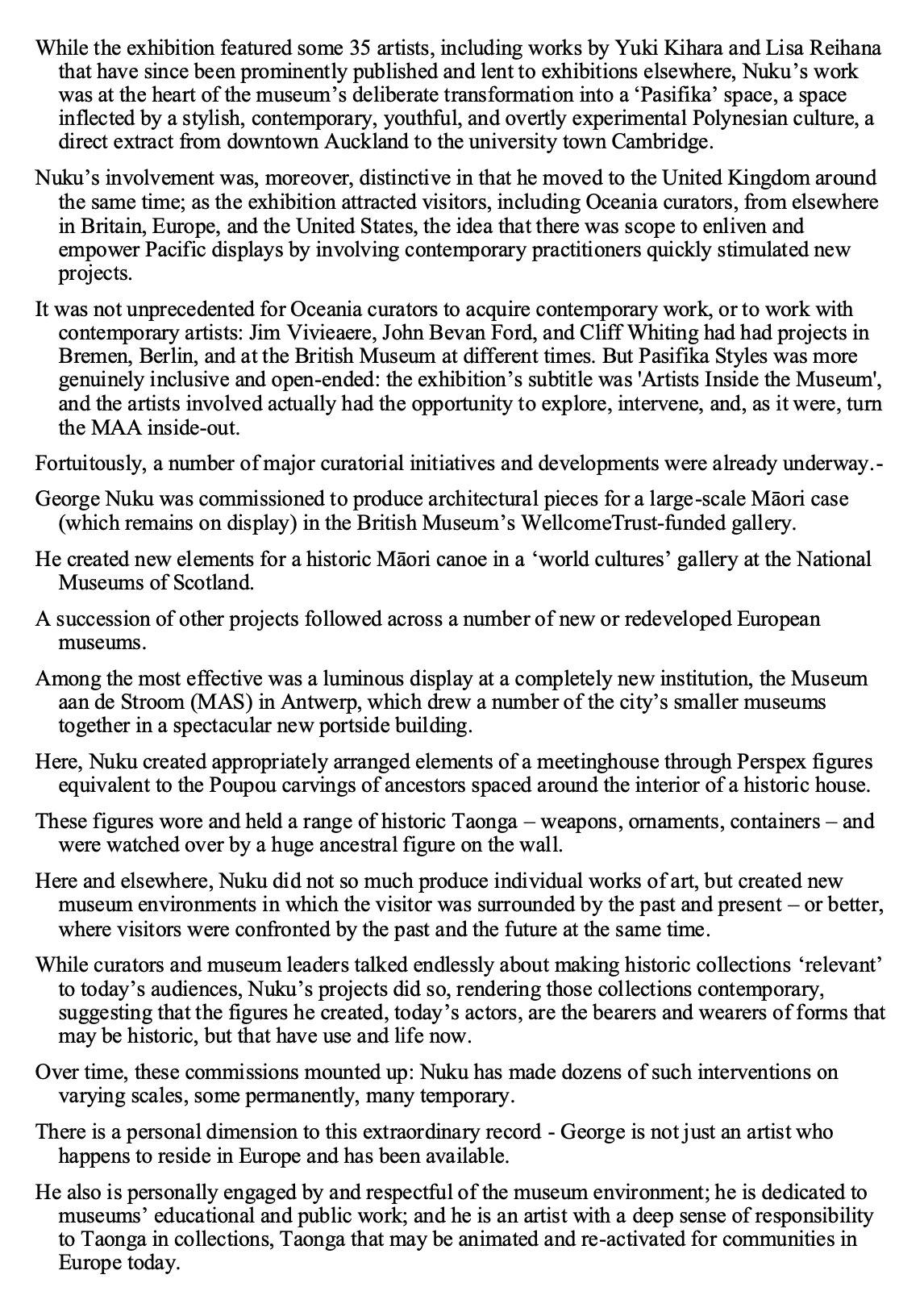 Page of text discussing contemporary art exhibitions, cultural projects involving Maori and Pacific Islander artists, and museum initiatives led by George Nuku.