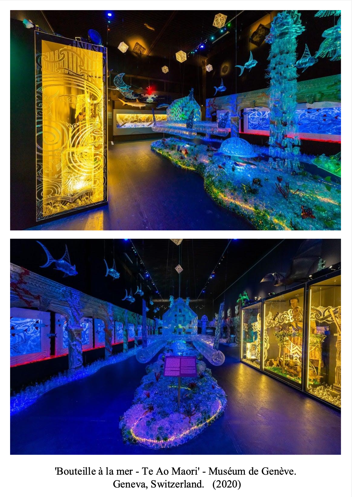 Exhibit at the Geneva Museum featuring glass sea-themed sculptures and installations with colorful lighting, including fish, whales, and coastal scenes, titled 'Bouteille à la mer - Te Ao Maori', showcasing Maori influence in sea art.