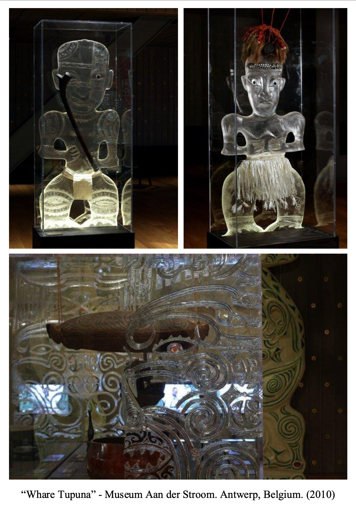 Two glass Tepuan sculptures inside display cases, one featuring a humanlike figure with traditional adornments, and the other a figure with ornate headgear, both from the Museum Aan de Stroom in Antwerp, Belgium, 2010. Below, a detailed close-up of an intricate carved object with swirling patterns.