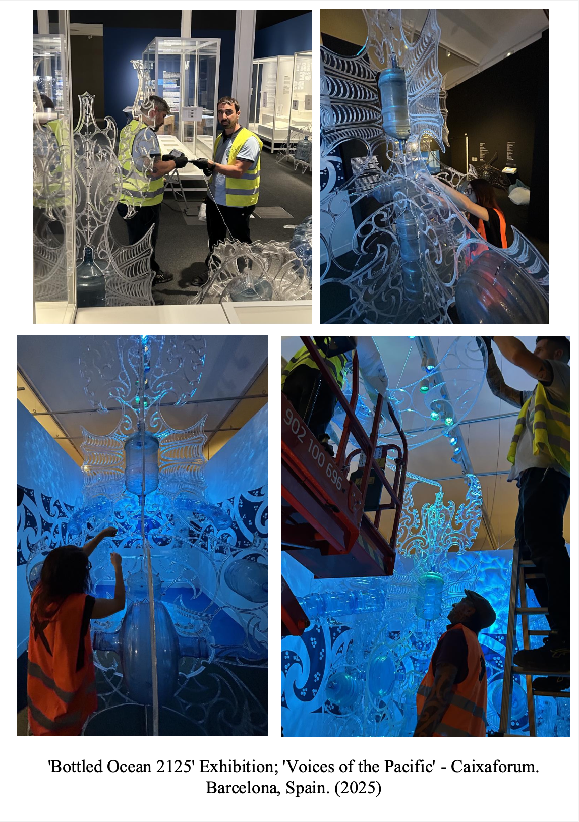 Photographs of the 'Bottled Ocean 2125' exhibit at Caixaforum in Barcelona, Spain, 2025, showing people working on and viewing an intricate, illuminated art installation resembling a large, stylized ocean creature or object made of transparent, glowing materials.