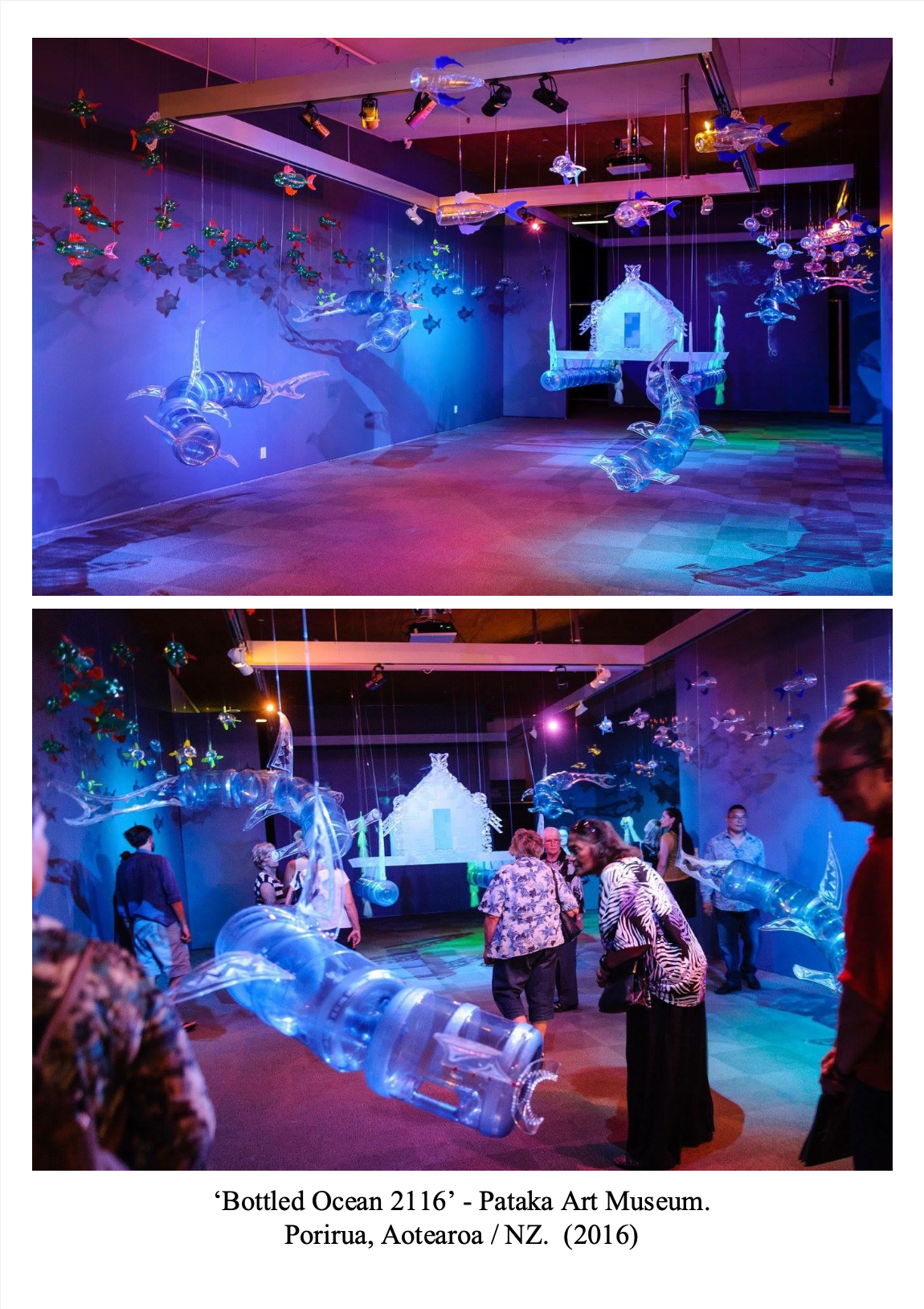 Installation art titled 'Bottled Ocean 2116' at Pataka Art Museum, featuring clear plastic bottles arranged to resemble an underwater scene with fish and marine life, illuminated by colorful lighting.