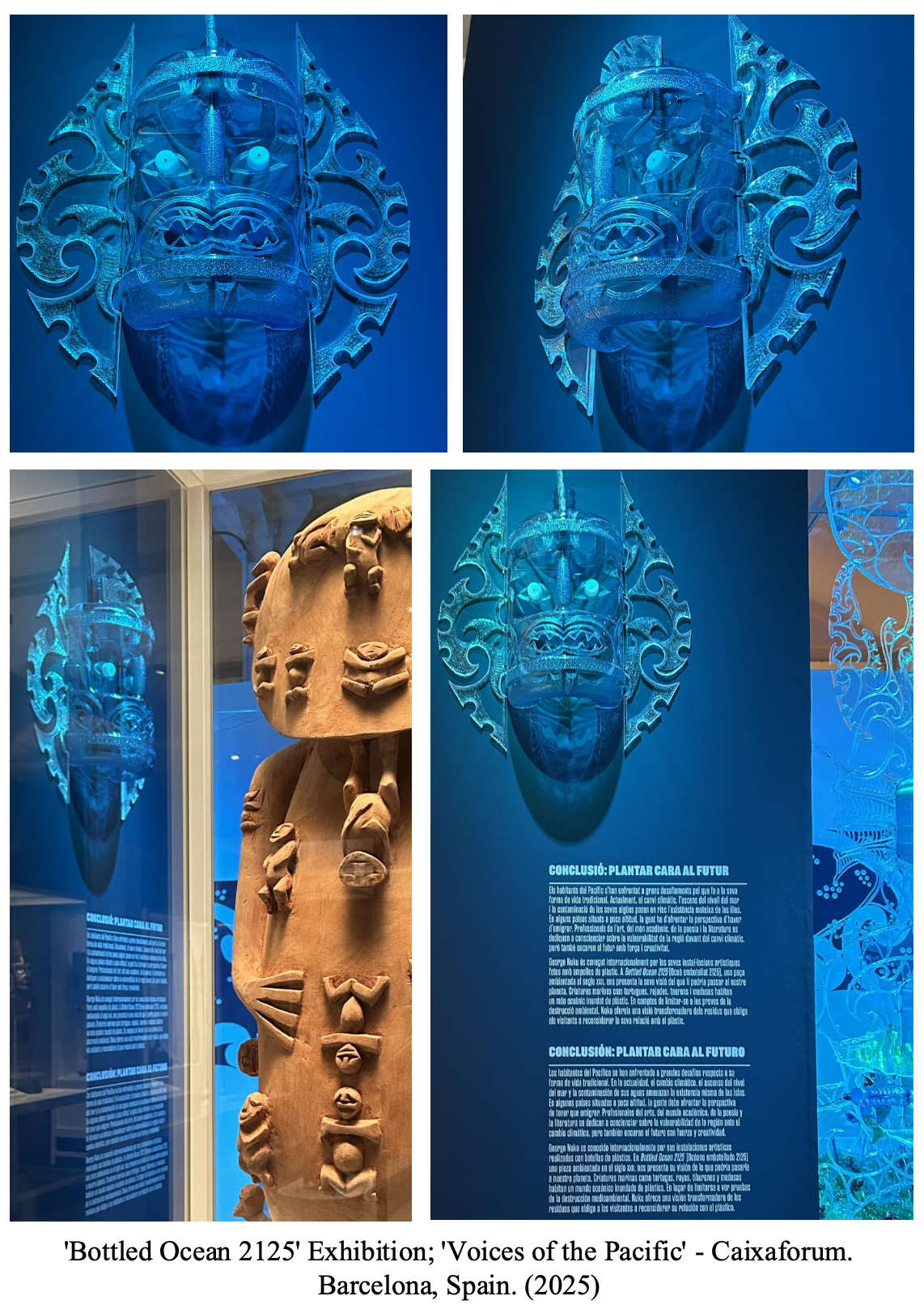 Exhibition of illuminated glass masks and wooden sculptures in Caixaforum, Barcelona, Spain, 2025.