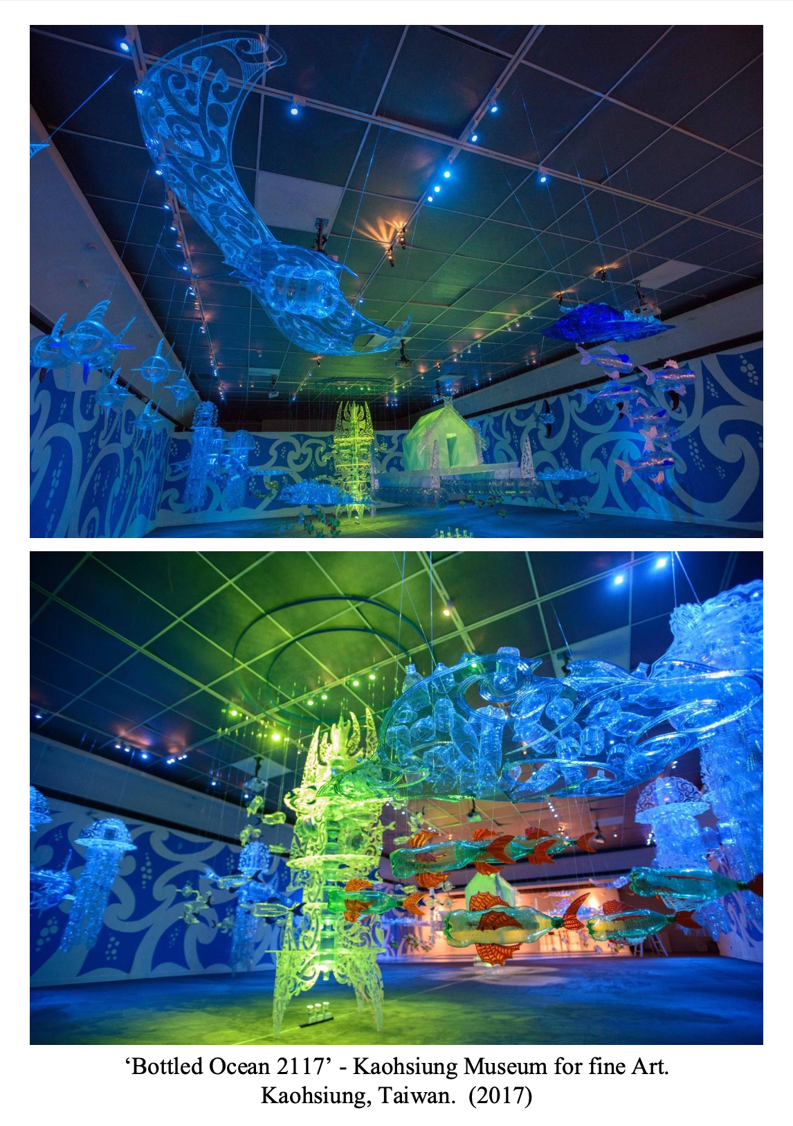 Glass art installation titled 'Bottled Ocean 2117' at the Kaohsiung Museum for Fine Art in Kaohsiung, Taiwan, 2017, featuring illuminated hanging glass sculptures of marine life like fish, jellyfish, and other ocean creatures in a room with vibrant blue and green lighting.