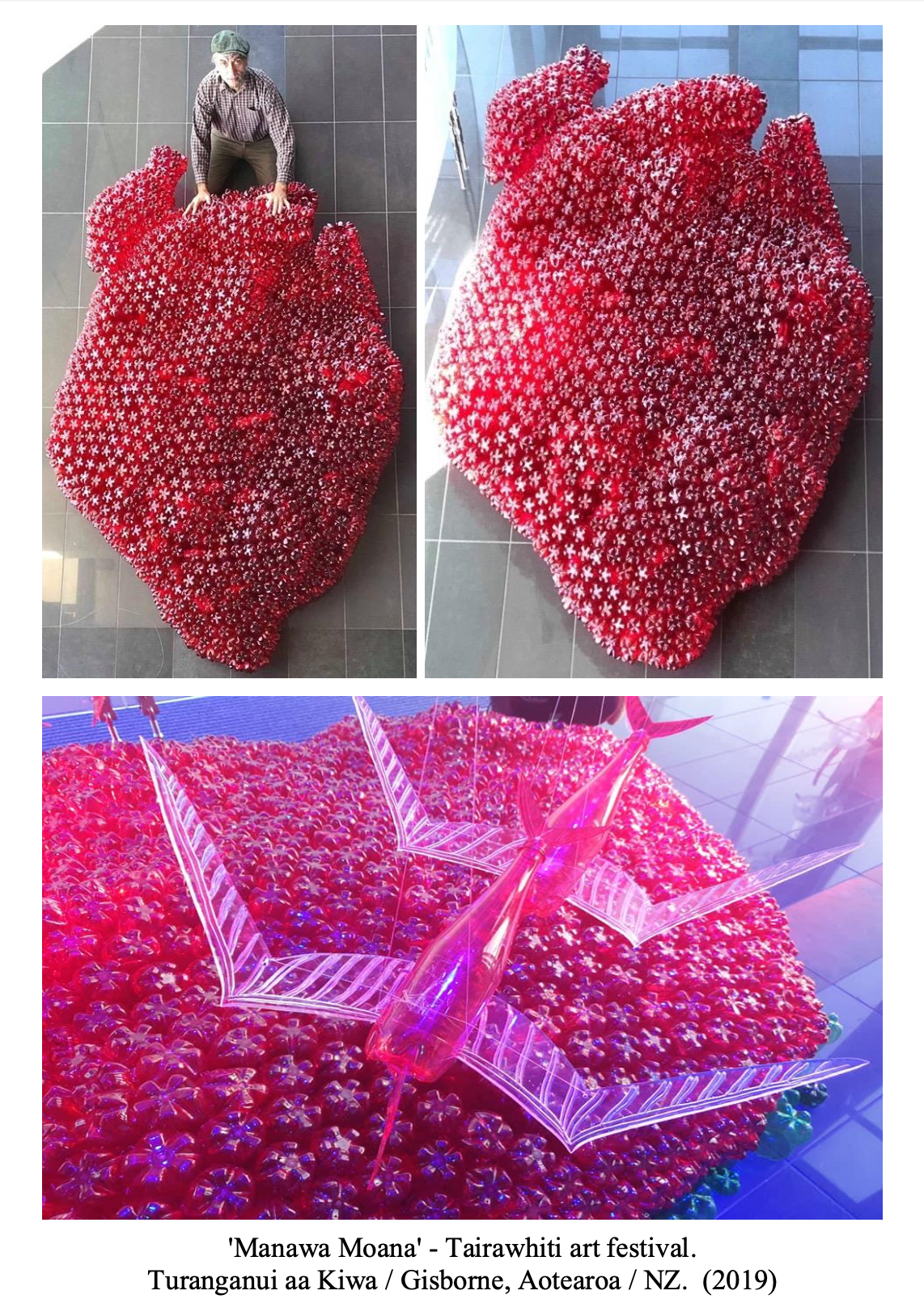 A large red floral sculpture resembling a heart, displayed at the Tairawhiti art festival in Gisborne, New Zealand, 2019.