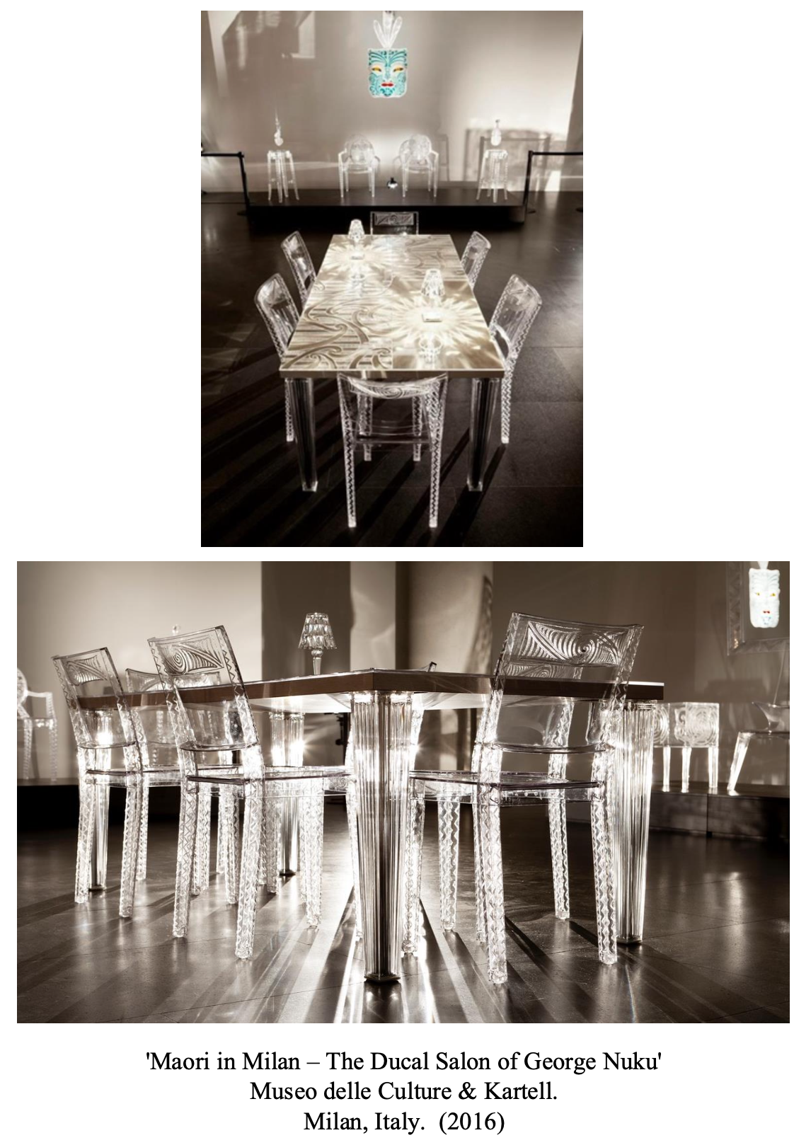 Two images of furniture: a glass table with transparent chairs around it in a gallery setting, featuring artistic lighting and reflections. The second image shows a similar setting from a lower angle, highlighting the clear chairs and table, with a wall featuring artwork behind.